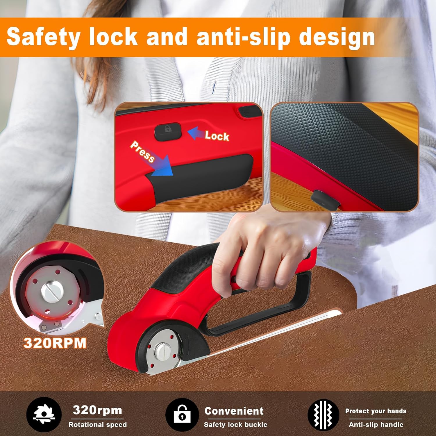 ZFULVO Cordless Electric Scissors Rechargeable with 2-Blade & Storage Bag, Powerful Rotary Cardboard Box Cutter 3.7V 2000mAh for Cloth Carpet Plastic Leather, Charging Cable(Red)