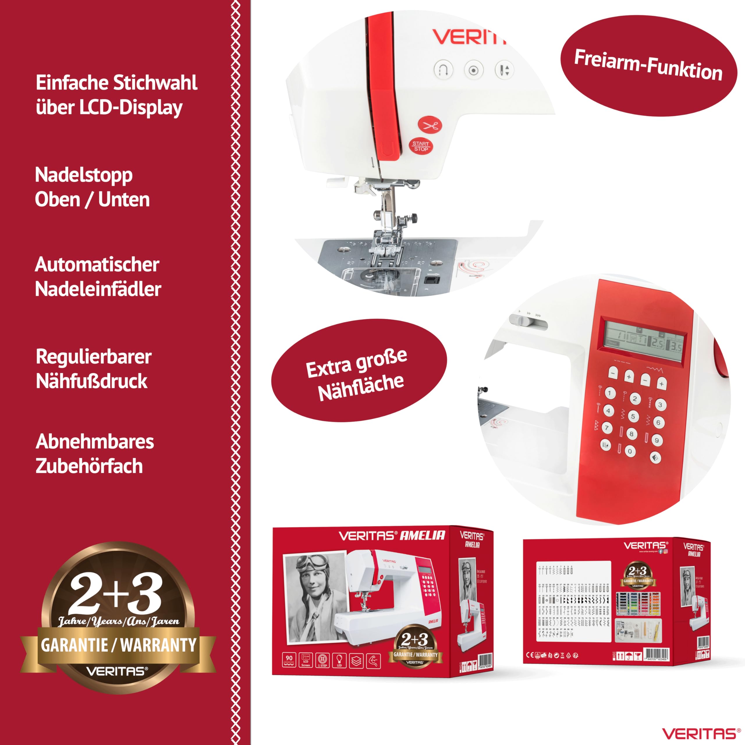 VERITAS Nähmaschine Amelia I Computer-Nähmaschine I 90 Programme inkl. Speicherfunktion I Stiche spiegeln I Auto-Fadenspannung & Einfädelhilfe I Fadenabschneider I LCD-Display & LED-Nählicht (weiß)
