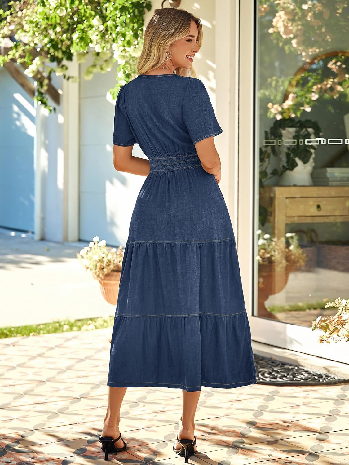 Simplee Womens Summer Denim Dress Casual Short Sleeve V Neck Empire Waist Boho Flowy Western Jean Maxi Dresses with Pockets