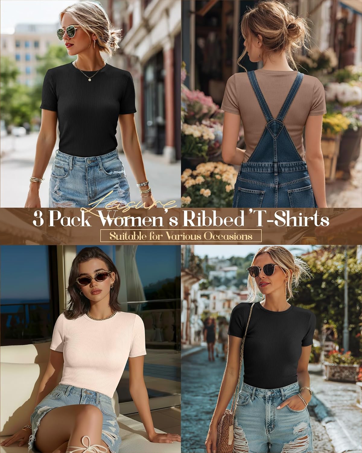 Ficerd 3 Pack Women's Ribbed T-Shirts, Cotton Short Sleeve Basic Tees Crewneck Fitted Tops Casual Shirts 2026 Summer Trendy - Image 2