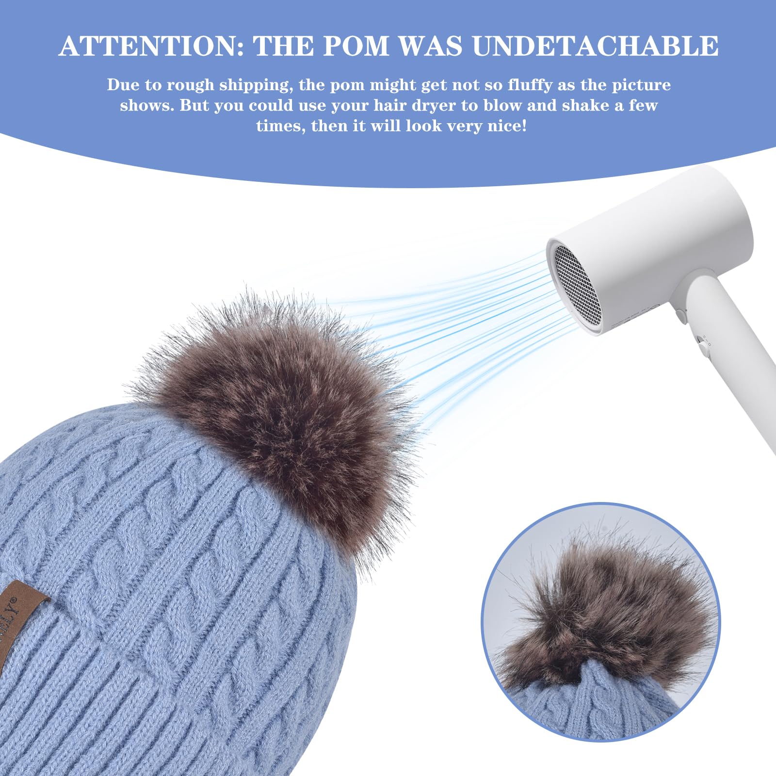 FENELY Gorro de invierno de punto cálido para mujer, capa interior de cachemira, cálido gorro de nieve grueso con pompón