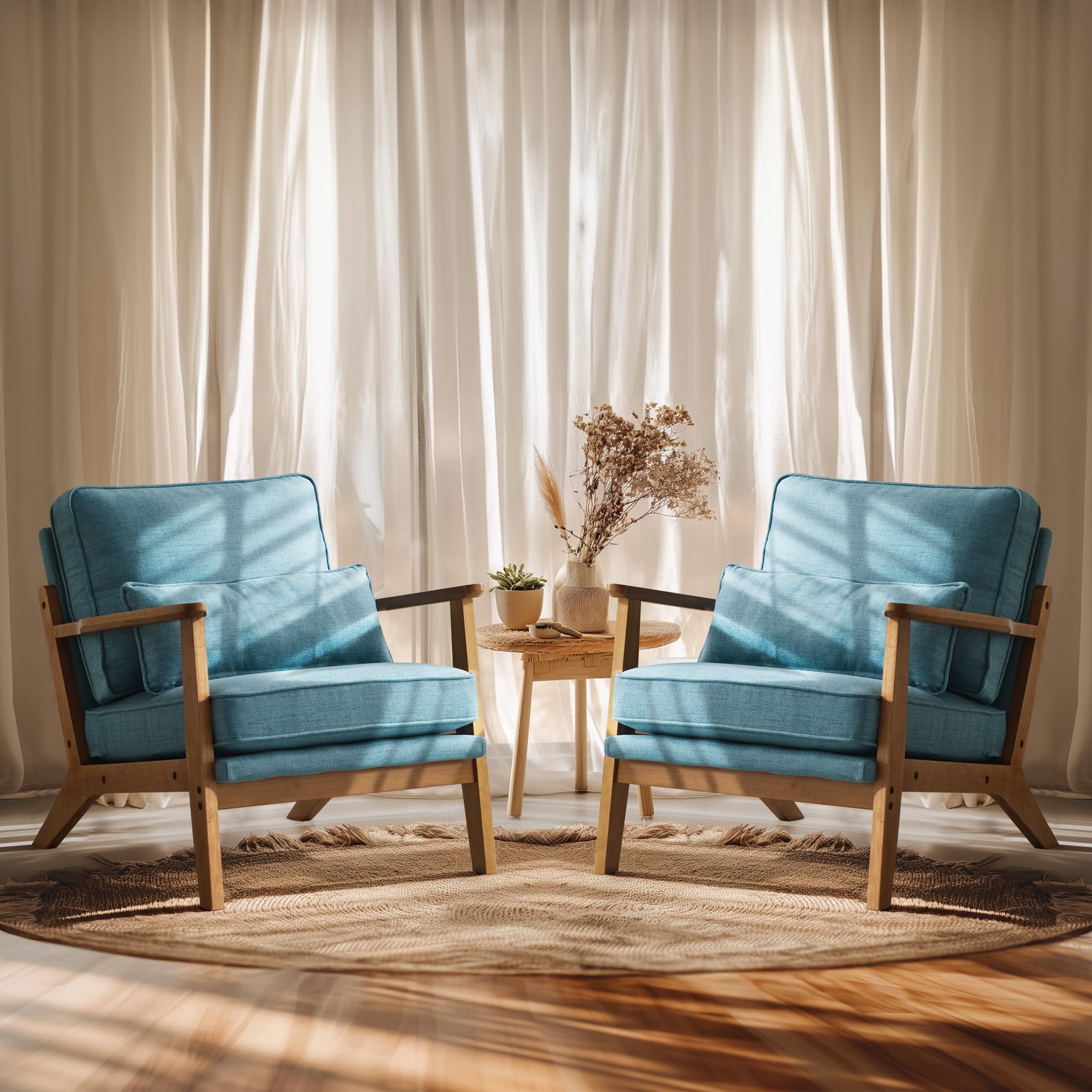 VINGLI Mid Century Modern Accent Chair,Upholstered Armchair with Lumbar Pillow & Wide Armrests, Comfy Occasional Chair with Solid Wood Frame for Living Room, Bedroom, Small Spaces (Navy-2pcs)
