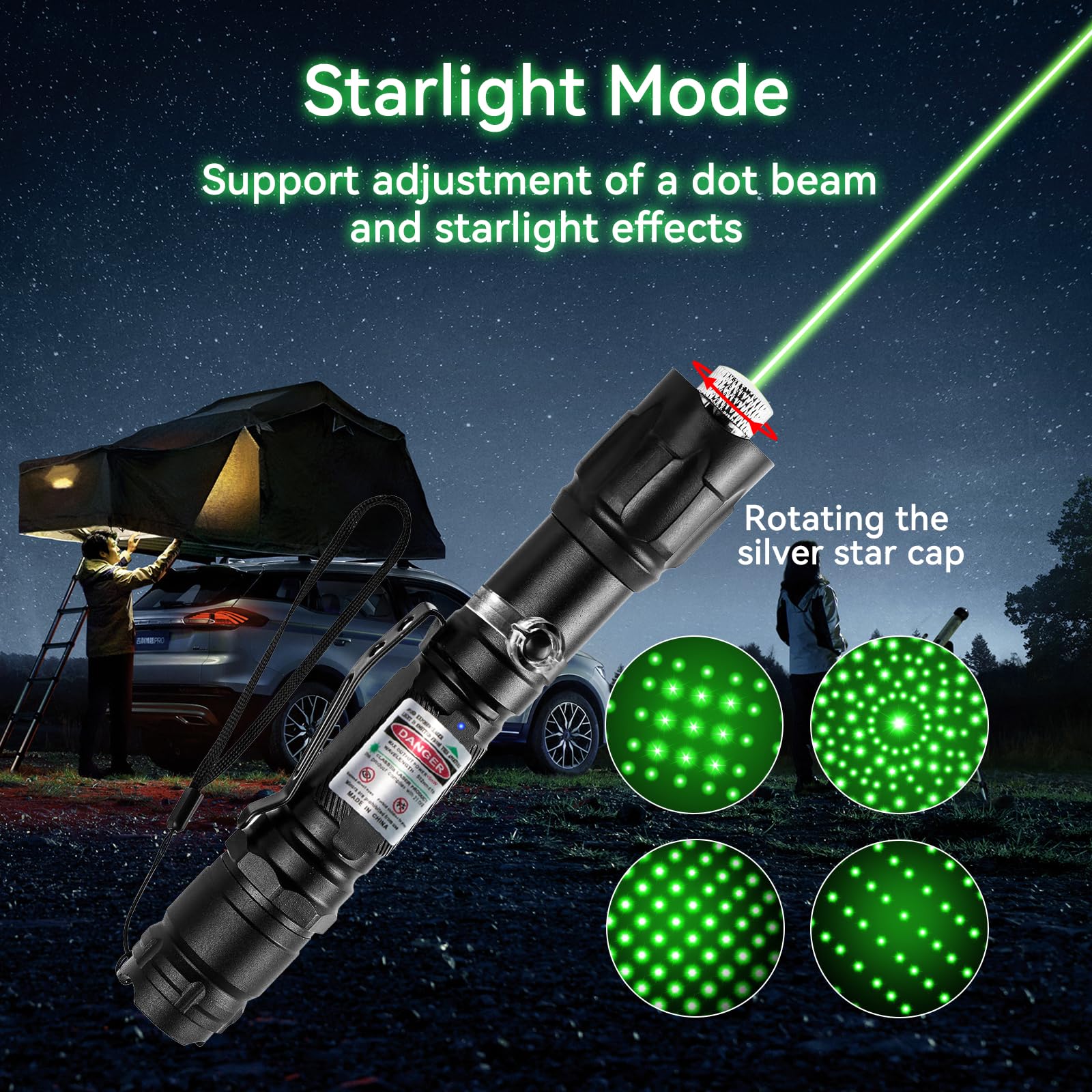 [4 paquetes] Linterna de luz verde, linternas tácticas recargables de largo alcance con tapa de estrella de enfoque ajustable, para uso en exteriores, pantallas de TV/LED/LCD, astronomía