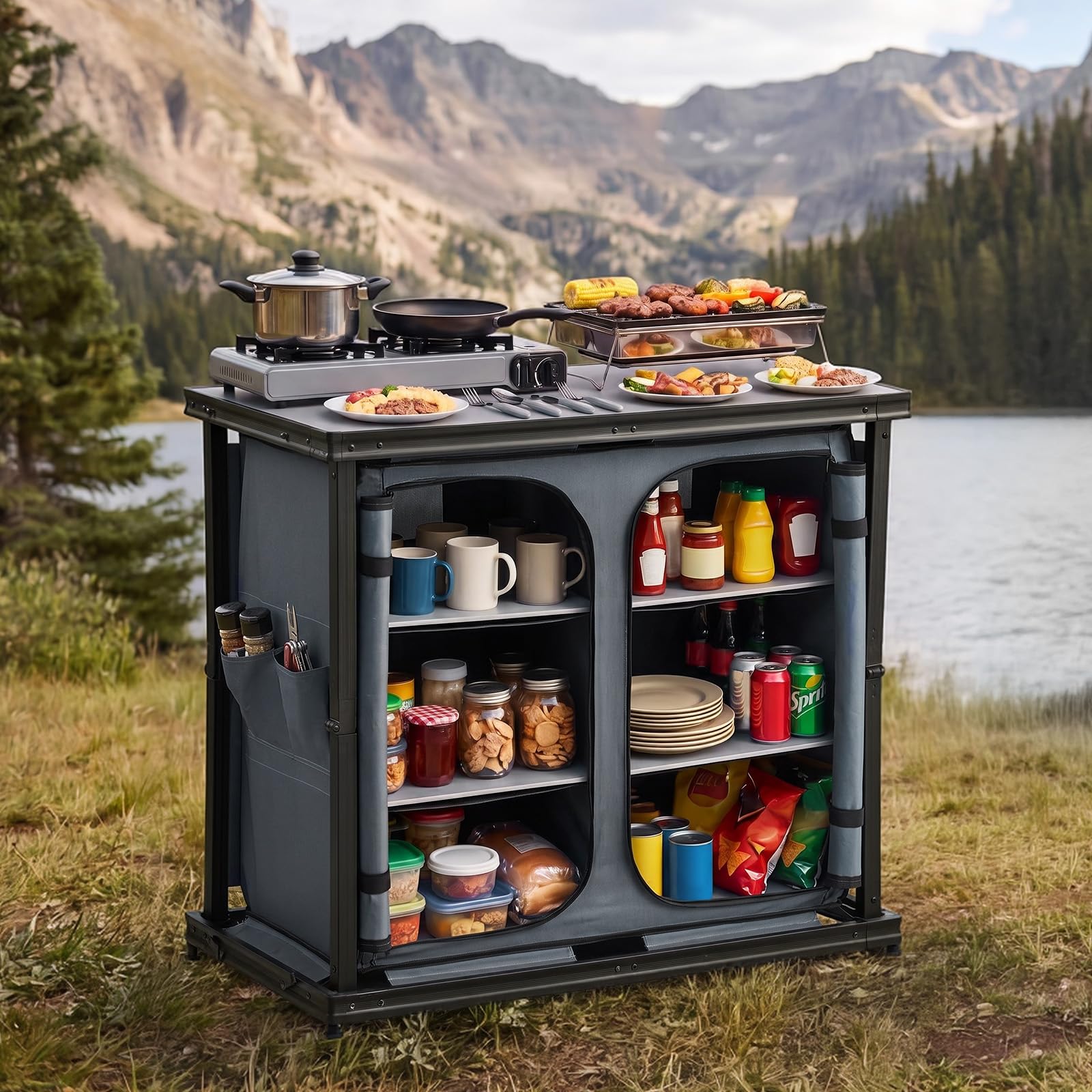 VEVOR Klappbare Campingküche, Tragbarer Campingschrank mit 6 Ablagefächern, Außentasche & MDF-Tischplatte bis 30 kg Tragkraft, Küchenstation für Picknick, Grillen, Partys, Camping & Wohnmobilreisen