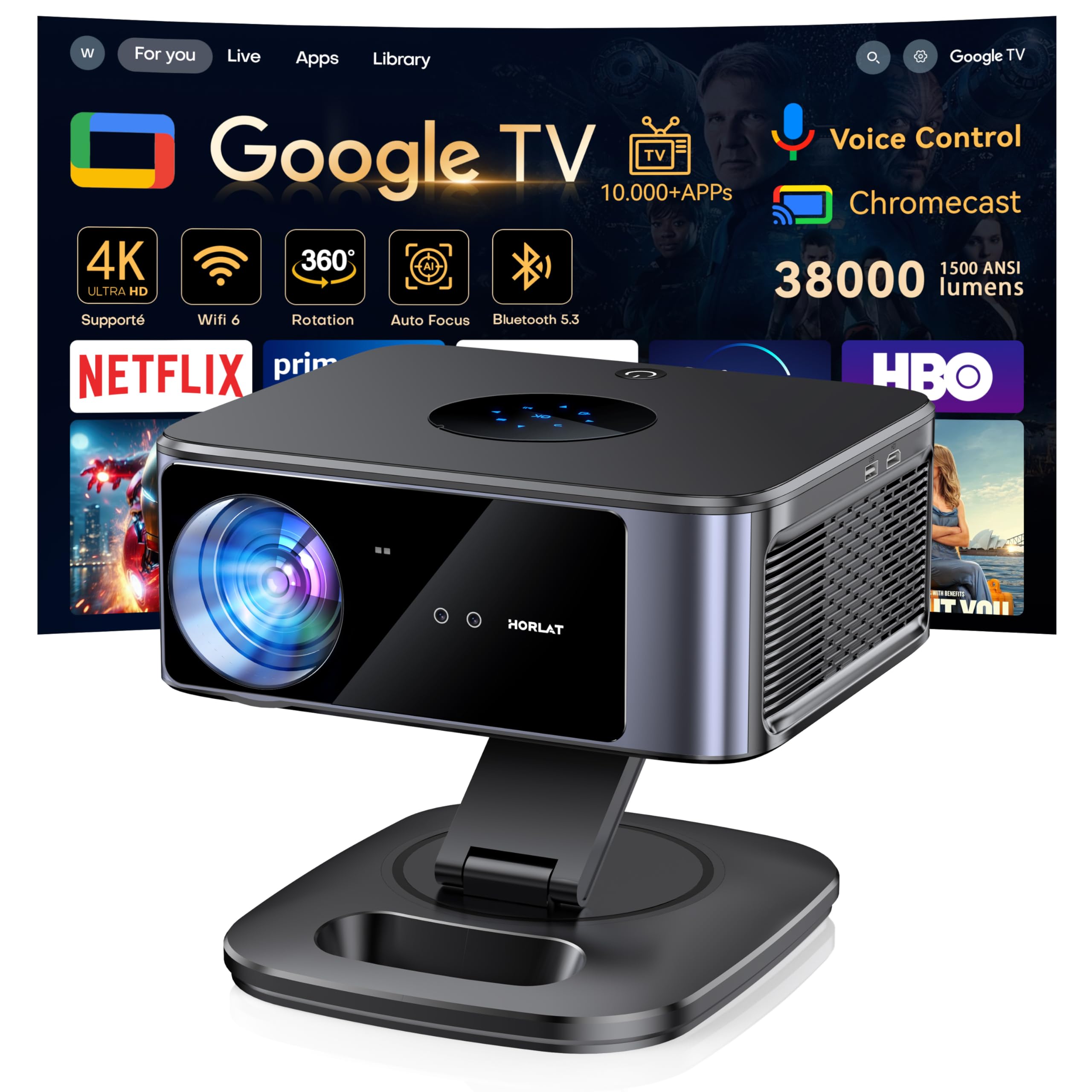 Vidéoprojecteur 4K Supporté 1500 ANSI 38000 Lumen avec Google TV Officiel, Netflix Youtube, Auto Focus, WiFi 6 Bluetooth 5.3, Contrôle Vocal, Rotatif 360°, Home Cinéma Salon et Chambre