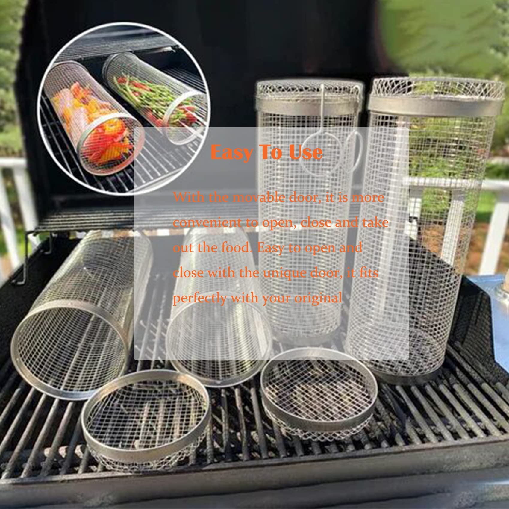 Set di cestelli per Grigliare di Alta qualità con Ruote - Cilindro griglia Portatile in Rete di Acciaio Inox con forchetta e Guanti per Verdure, Pesce e Patatine Fritte - Lavabile in lavasto