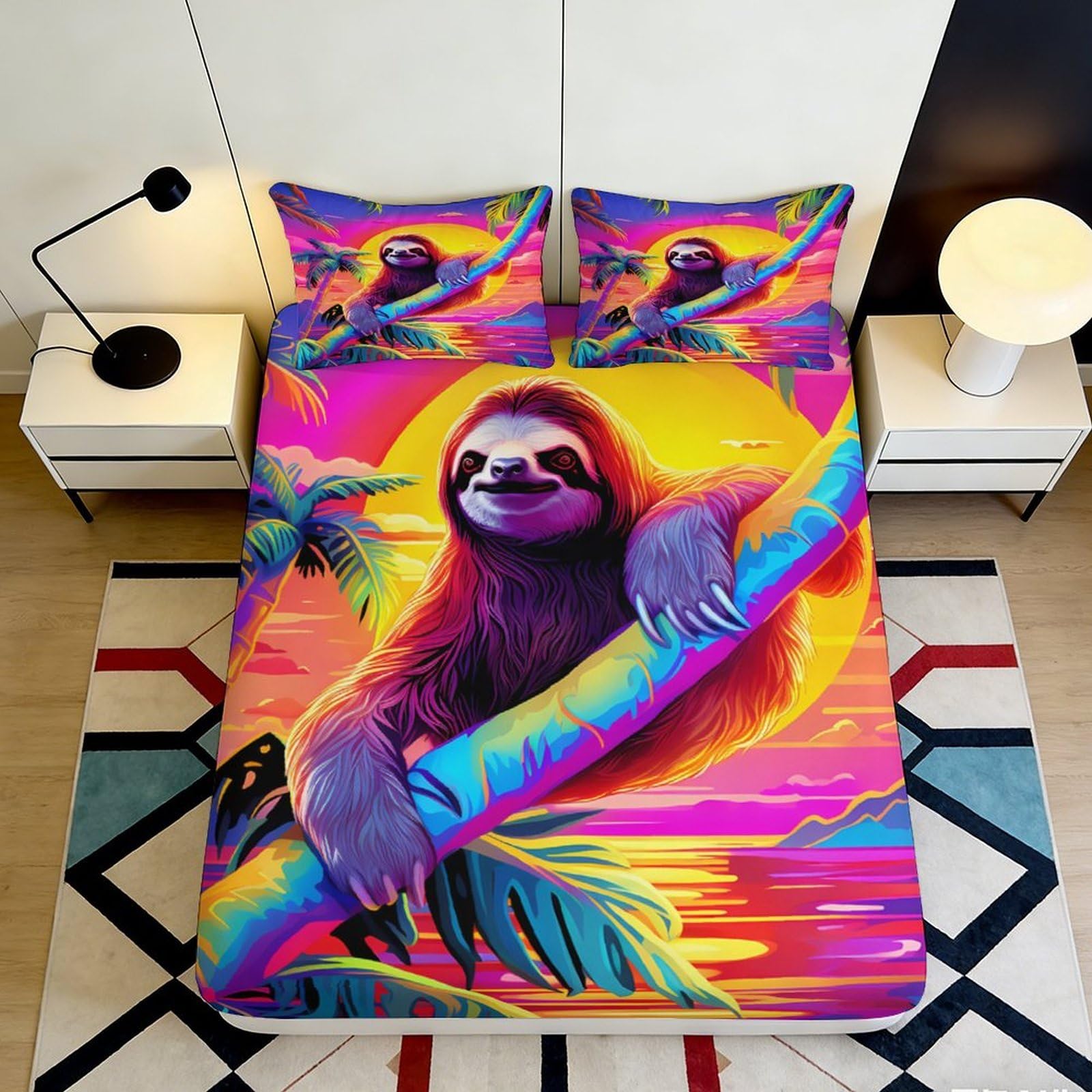3D Printed Vibrant Sloth Fitted Sheet Microfiber Soft Colorful Sunset Mattress Cover for Bedroom Dorm Decor Protection 90x200x25cm