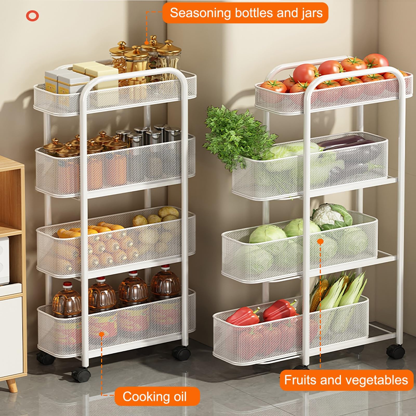 4-stöckiger hoher schmaler Aufbewahrungsschrank mit beweglichen Rädern, ausziehbarer Heim-Organizer, mobiles Regal, ausziehbar, ideal für Badezimmer, Küche, Wäsche, Aufbewahrung, Organisation