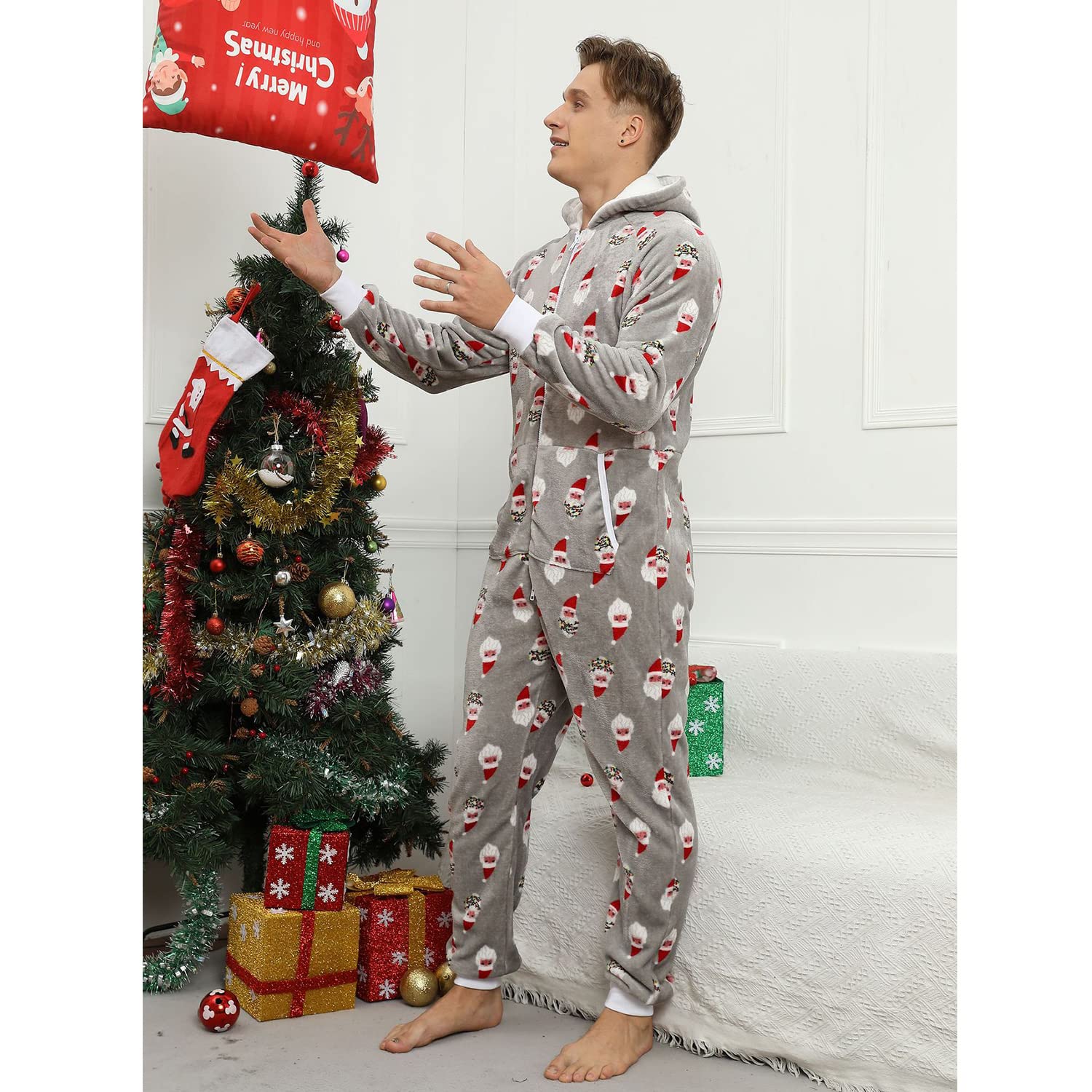 Pijama Navidad Una Pieza Hombre Franela Pijamas Mono Entero con Capucha Manga Larga Invierno Calentito Jumpsuit Adulto Onesie Ropa de Casa Dormir Papá Noel Gris L