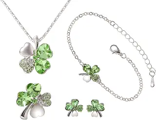 [Phoenix] 四つ葉のクローバー ネックレス ＆ ブレスレット ＆ ピアス ＆ ブローチ 計 4種セット ジュエリー ファッション アクセサリー レディース 合金 人工水晶 エレガント 幸せな 幸運 四つ葉 クローバー フラワー ネックレス (グリーン)