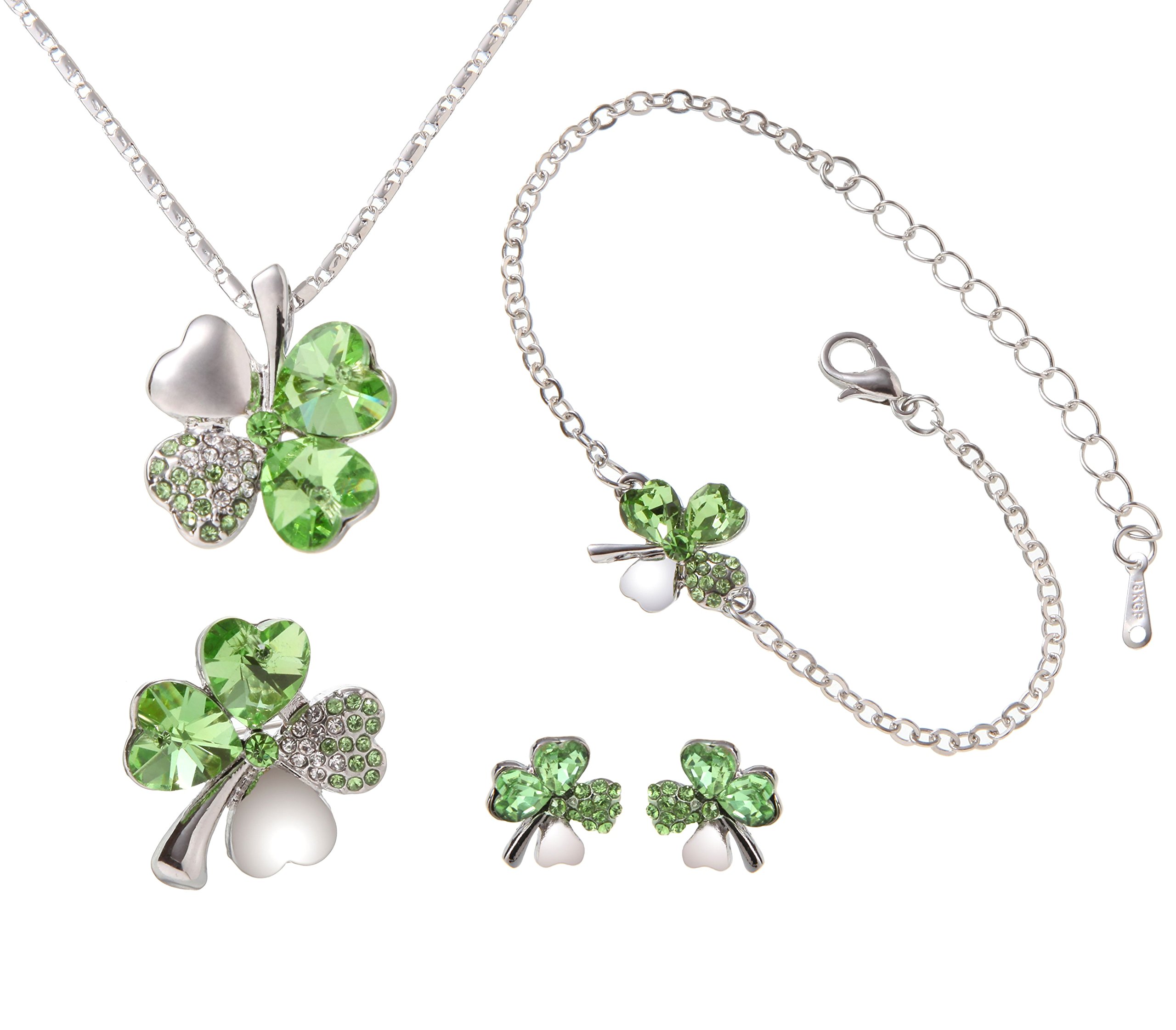 [Phoenix] 四つ葉のクローバー ネックレス ＆ ブレスレット ＆ ピアス ＆ ブローチ 計 4種セット ジュエリー ファッション アクセサリー レディース 合金 人工水晶 エレガント 幸せな 幸運 四つ葉 クローバー フラワー ネックレス (グリーン)