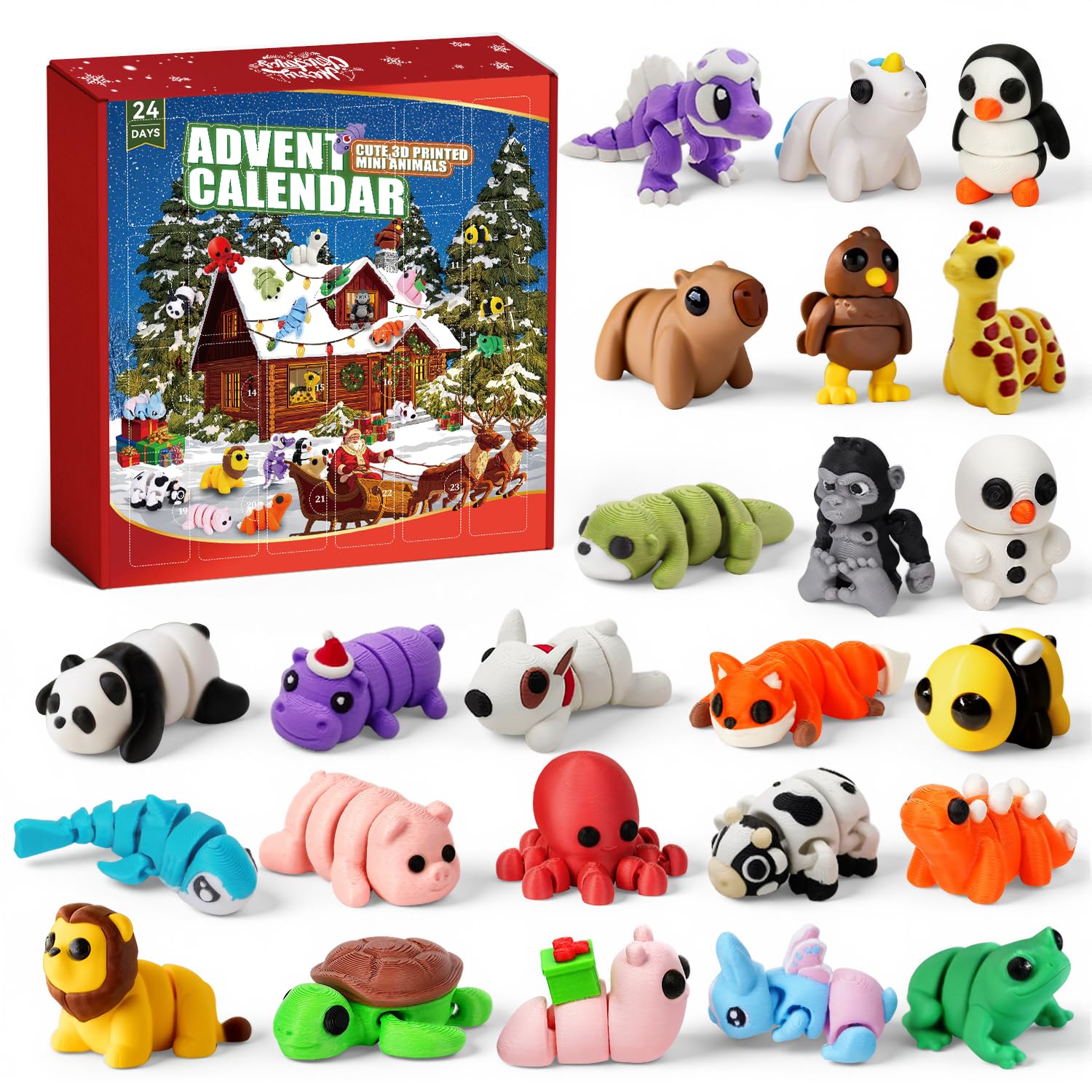 3D Printed Animals Christmas Advent Calendar, Miniature Figurines Articulated Flexible Fidget Toy