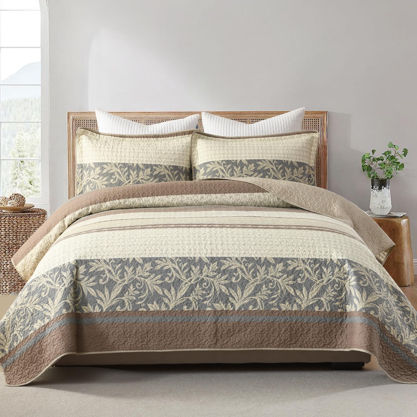 sahsahcasa quilt set queen size, 100% cotton, queen comforter set, striped quilted bedspreads, farmhouse queen bedding set, reversible lightweight bed spread for all season, brown/beige/gray, 3pcs