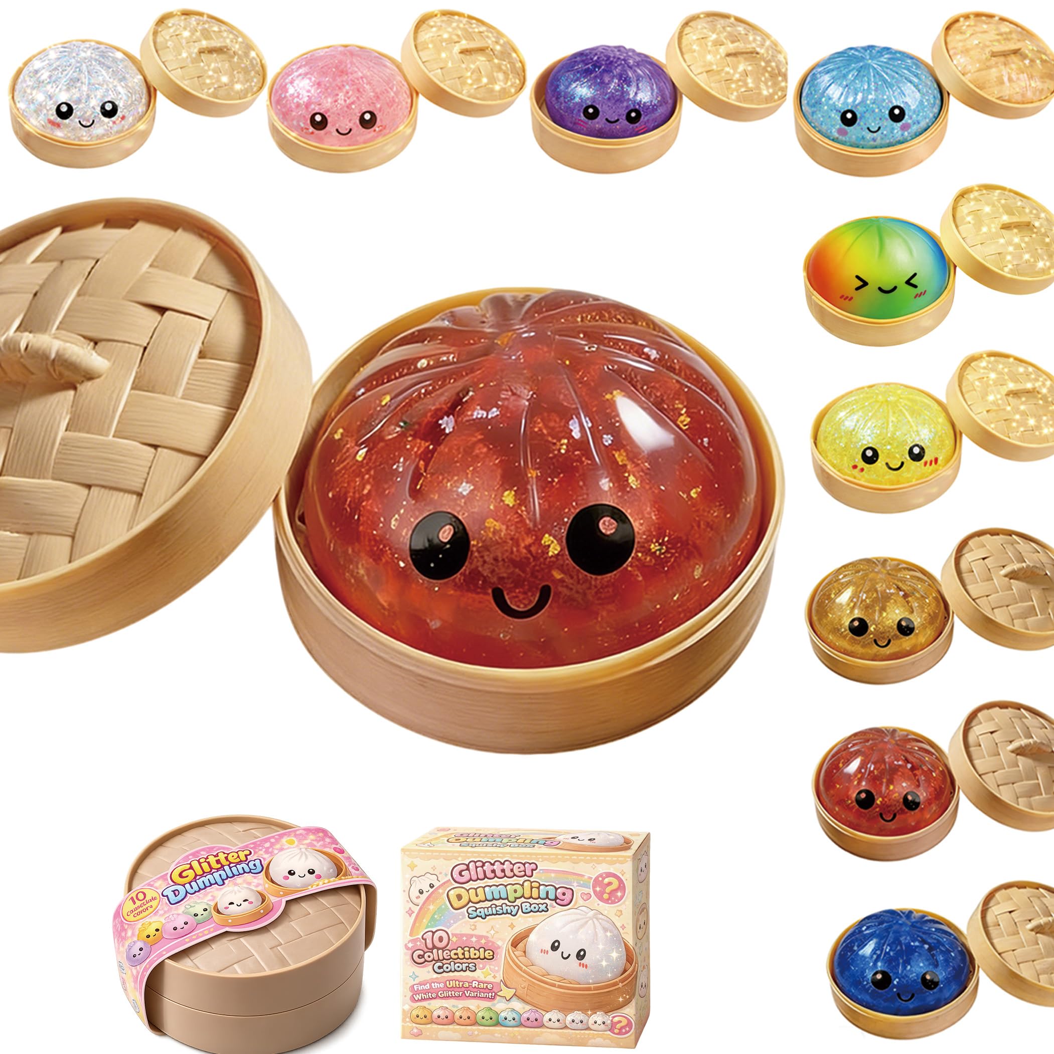 Dumplings Squishy, Glitter Dumpling Squishy, Squishiest Bun Dumplings with Steamer Box, Stress & Anxiety Relief Toys for Kids & Adults Non-Edible (Red)