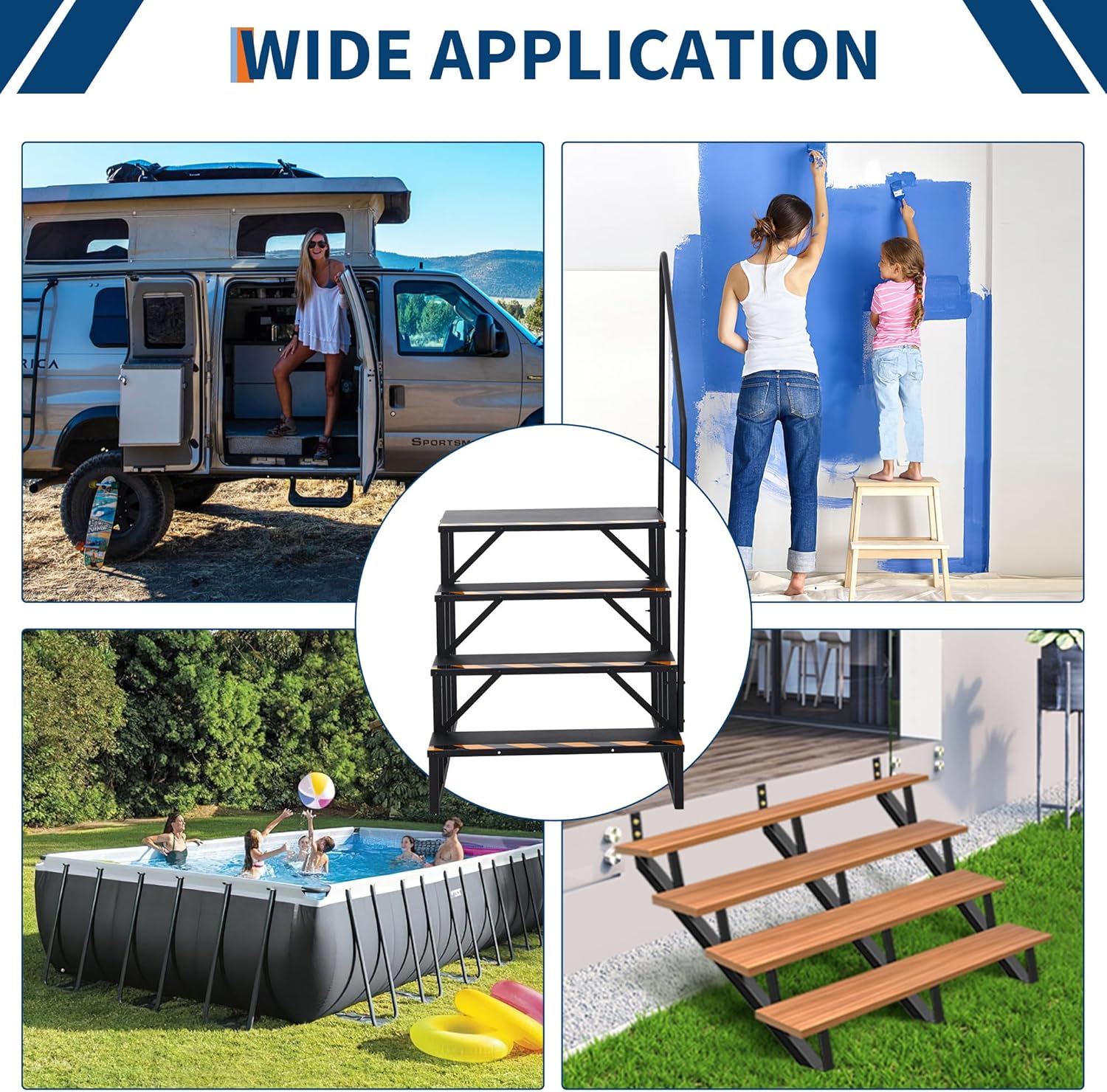RV Steps with Handrails, 4 Step RV Stairs 660 Lbs Load Capacity,Portable Stairs Steps Steel Travel Trailers Ladder Step Ladder with Anti-Slip Panel, Mobile Home Stairs for Travel Trailers