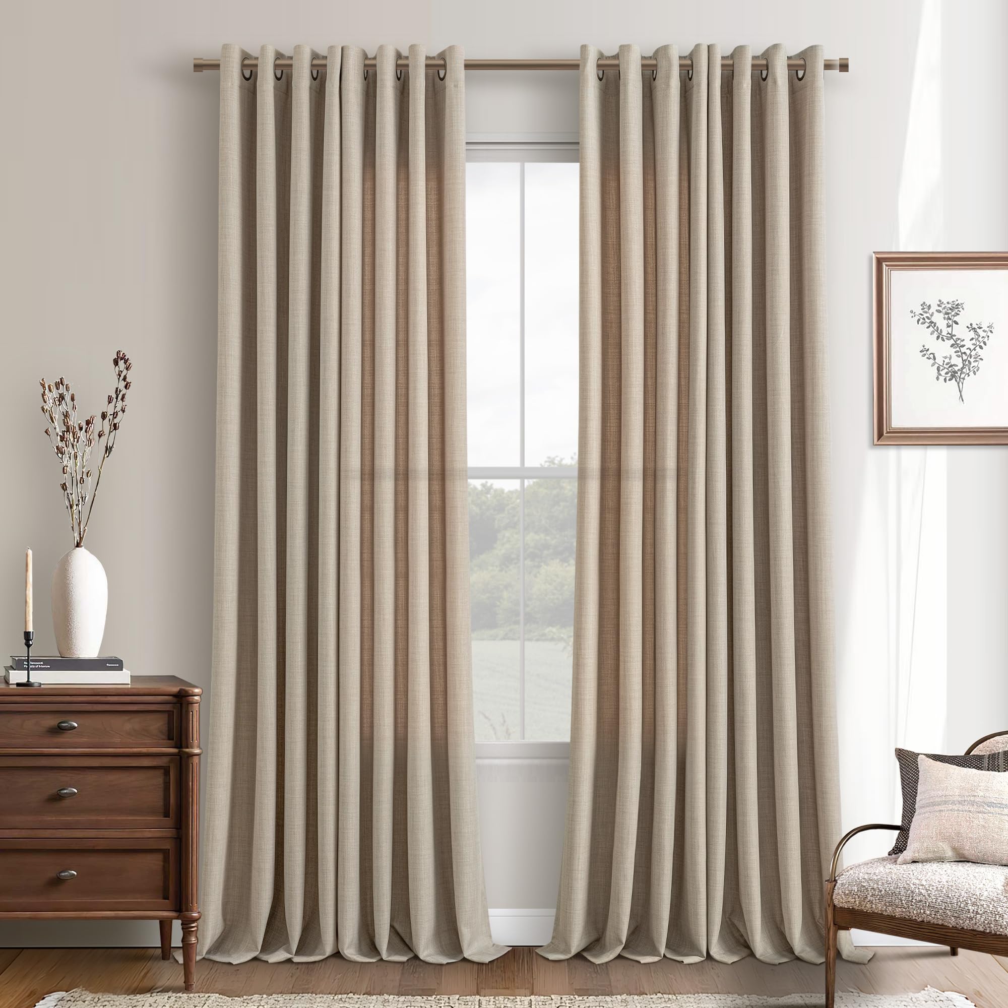 120 Inch Long Burlywood Birch Living Room Curtains for Window Treatments Grommet Modern Farmhouse Neutral Light Filtering Linen Semi Sheer Bedroom