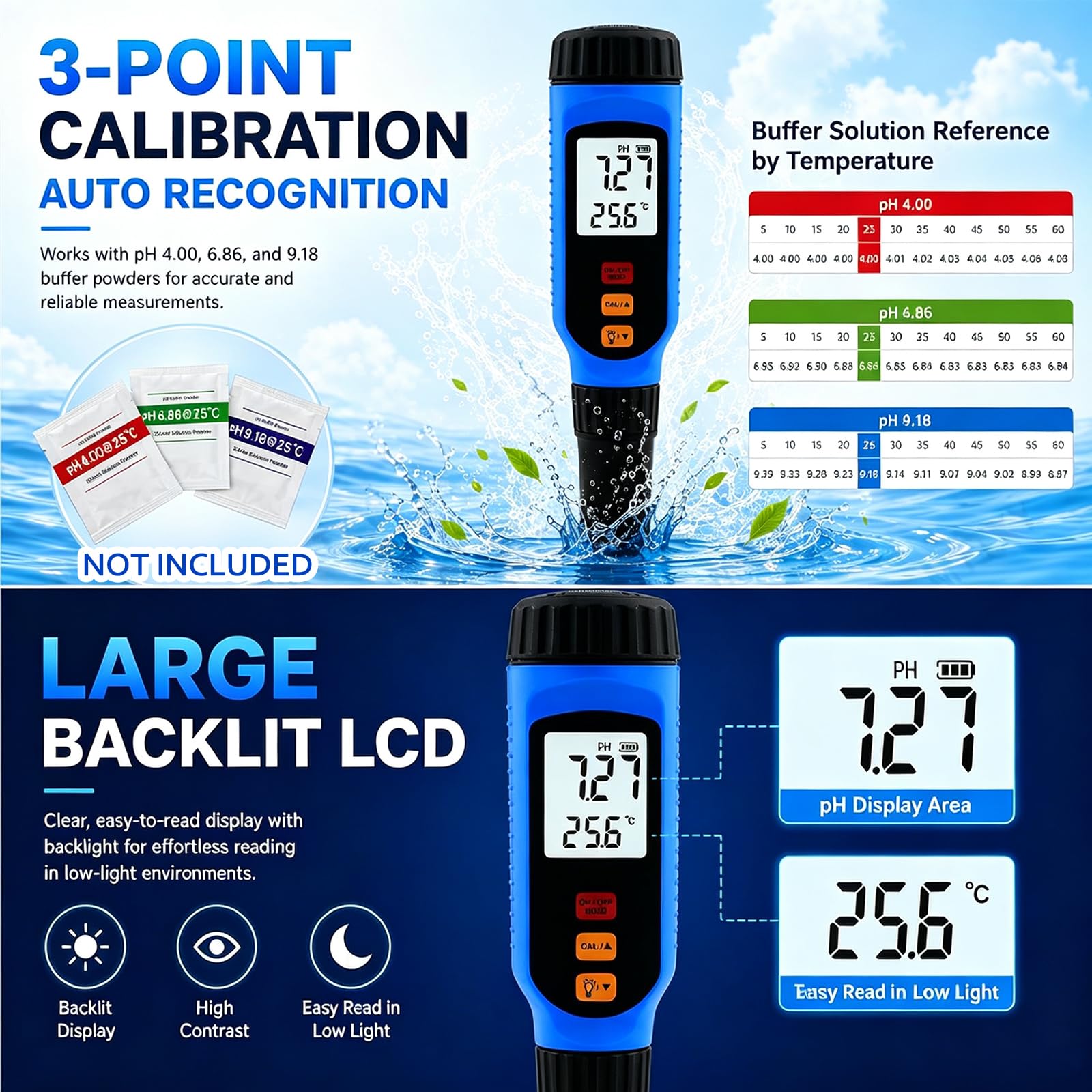 Medidor De Ph con Sonda Plana Ip65, Probador Digital De Superficies con ATC, Calibración De Tres Puntos Y Función De Retención De Datos; Mide El Ph En Líquidos, Tejidos, Cuero Y Pieles
