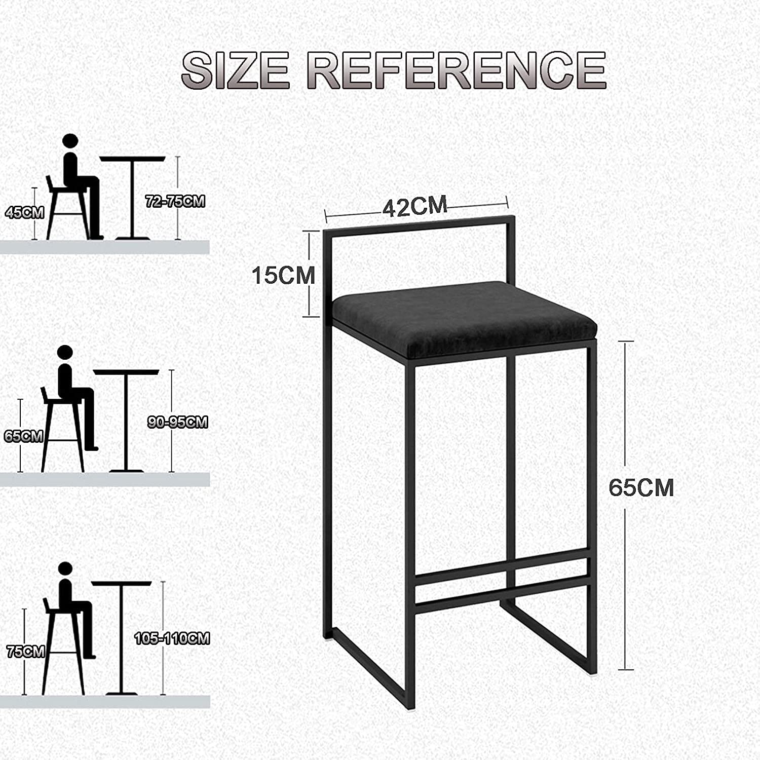 Juego de 2 taburetes de bar modernos de 65 cm/75 cm de altura, elegantes sillas de cocina con respaldo, diseño de 4 patas, color negro elegante, perfecto para el hogar y el bar
