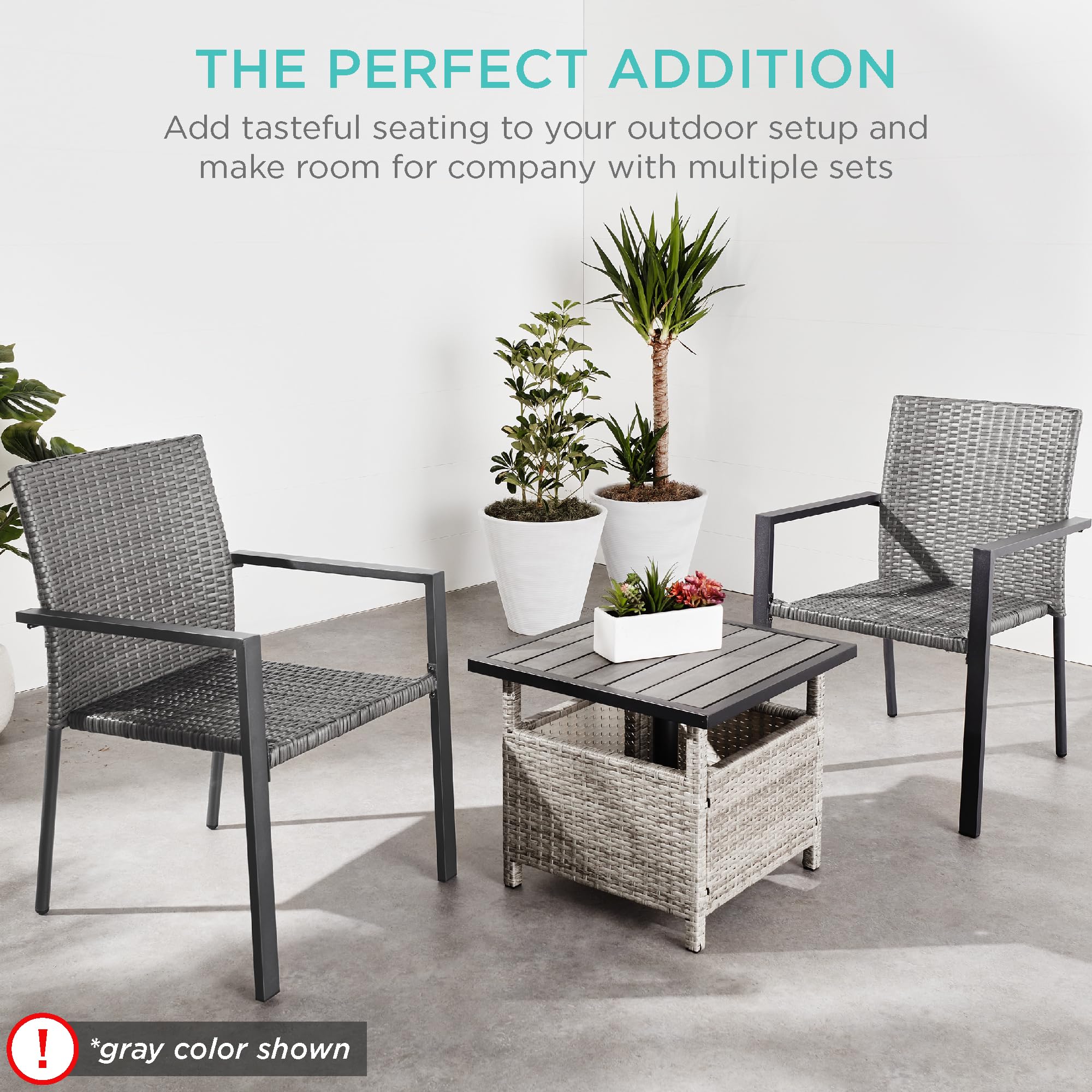 Juego de 2 sillas de comedor apilables de mimbre para exteriores para todo tipo de clima, con reposabrazos, marco de acero para patio, terraza, jardín, patio, natural 5
