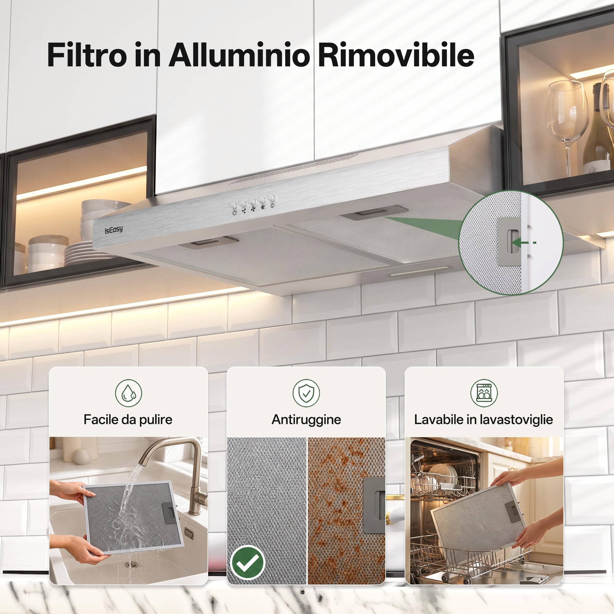IsEasy Cappa Aspirante Sottopensile 60 cm A++ 250 m³/h, Cappa Integrata per Mobile Sottopensile, 3 Livelli, Ricircolo/Scarico, Lampada LED 2 W, Filtro Carbone X1, 60 dB, Acciaio Inossidabile Argento