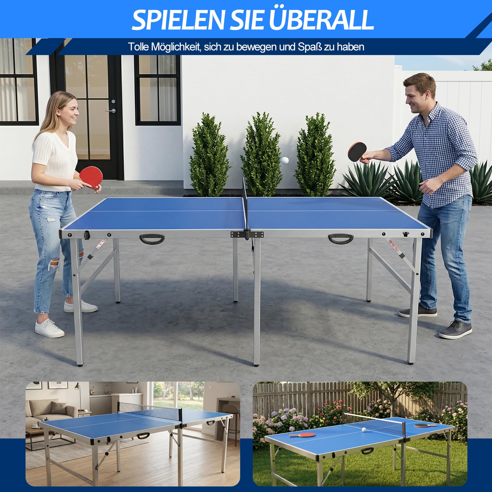 Klappbarer Tischtennistisch, 182 x 91 x 76 cm, wetterfest, mit Griff und Netz, inklusive Zwei Schlägern und Ball, geeignet für Innen- und Außenbereich