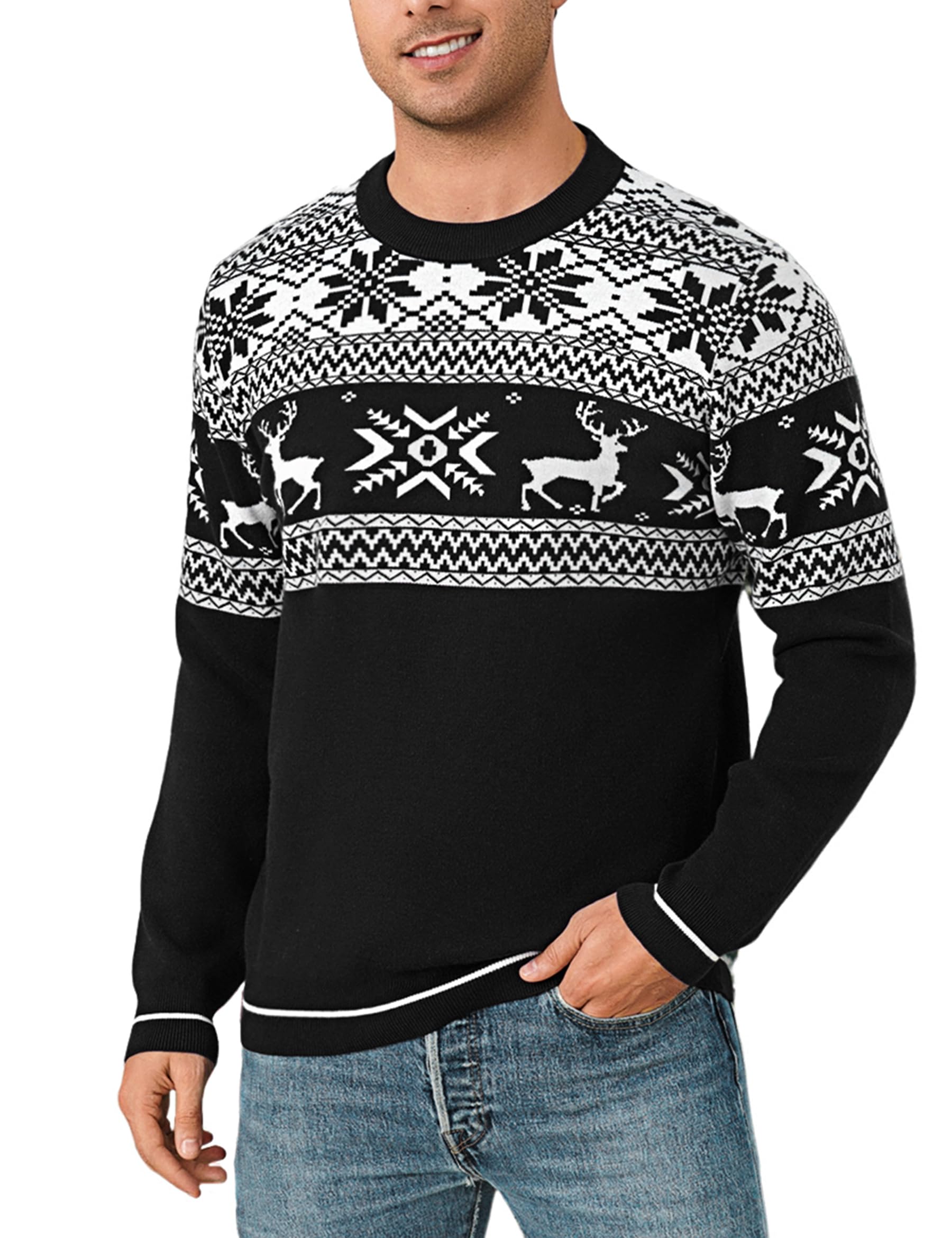 Pull de Noël Homme Col Rond Motif Renne | Motif renne et flocon, col rond et manches longues pour les fêtes, les soirées d’hiver et les cadeaux de Noël.