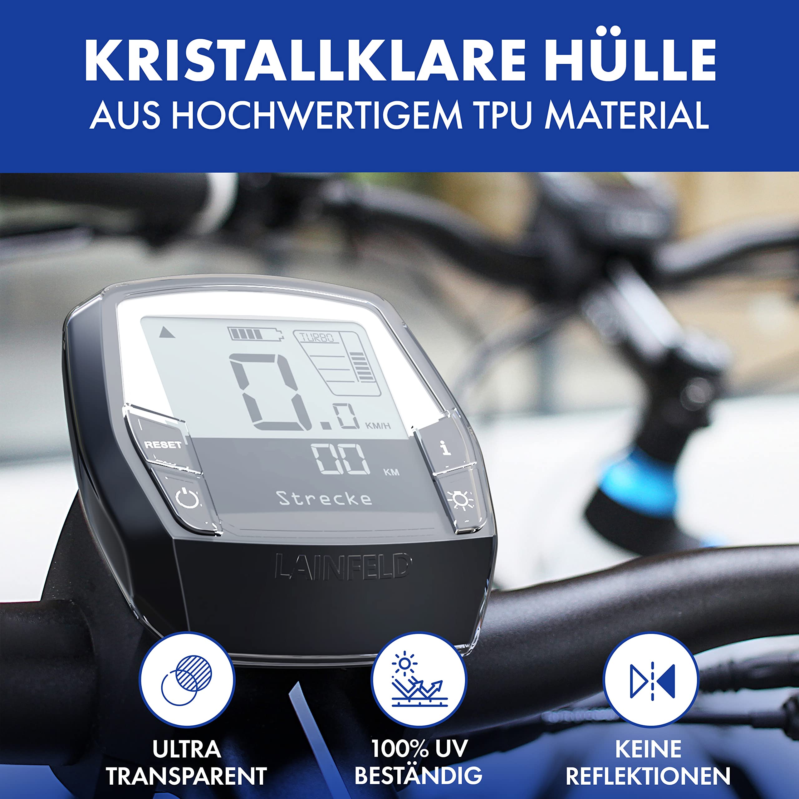 LAINFELD Ochrona wyświetlacza do Bosch Intuvia | krystalicznie czysta ochrona wyświetlacza | w zestawie twarda obudowa ochronna | pokrowiec ochronny na rower elektryczny przed wodą i zarysowaniami