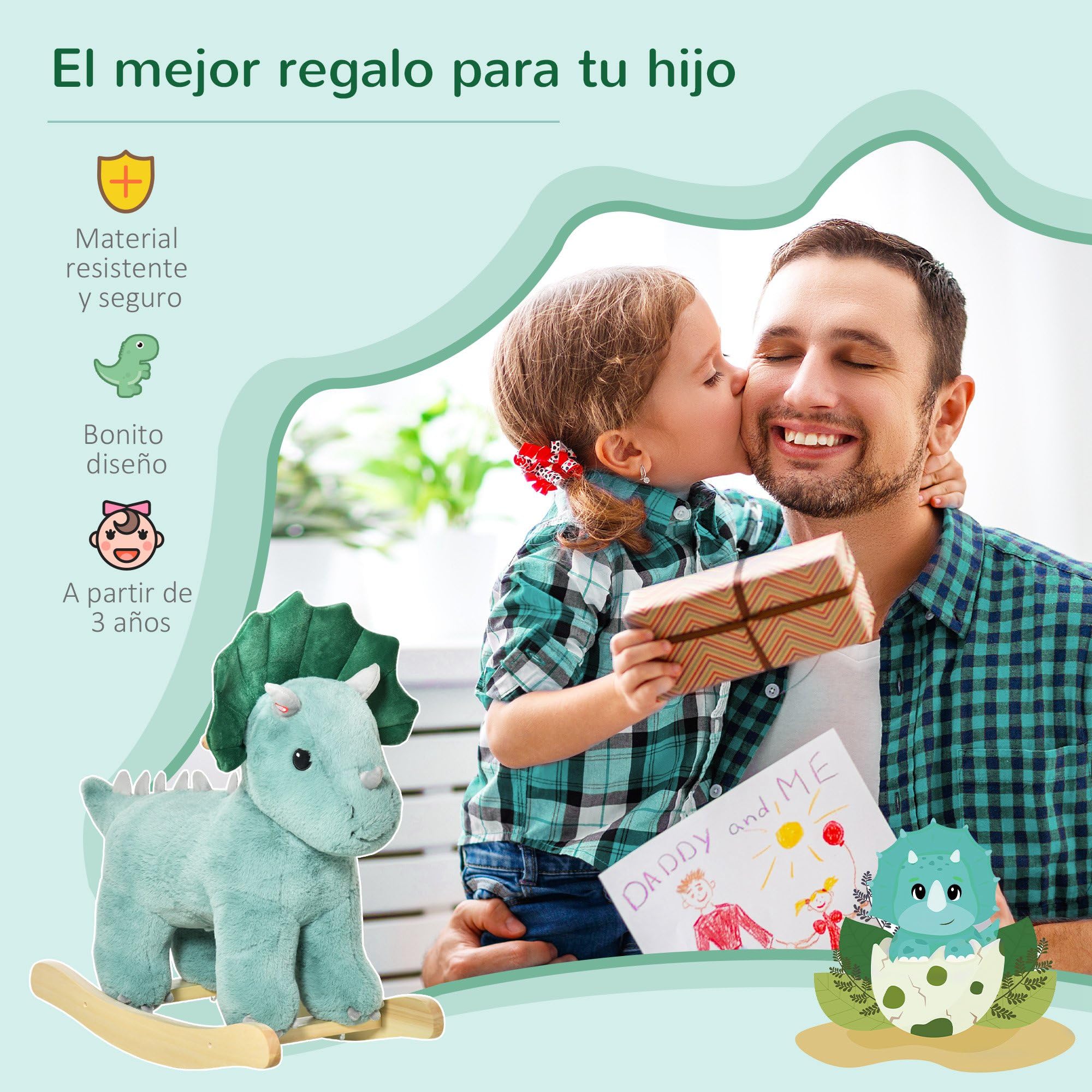 HOMCOM Caballito Balancín para Niños de +3 Años de Dinosaurio Balancín Infantil de Felpa con Sonidos Realistas y Base de Madera Asiento 36 cm Carga 45 kg 64x30x54 cm Verde Oscuro