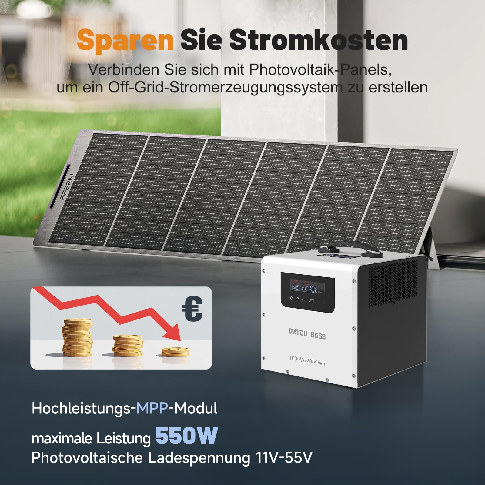 DATOUBOSS LiFePO4 - Estación de energía portátil (1000 W, 2009 Wh, generador solar con UPS < 20 ms, carga rápida, entrada solar MPPT de 550 W, onda sinusoidal pura para camping, energía de emergencia