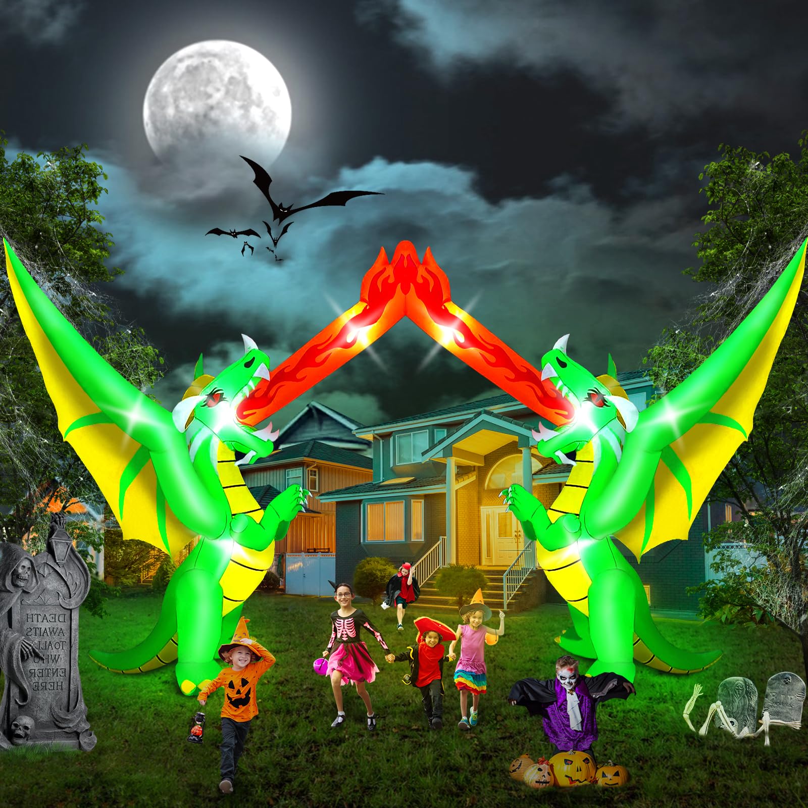 Kalolary Arco inflable de Halloween de 14 pies para decoración al aire libre, arco de dragón que respira fuego con LED integrados para decoración de interiores, fiestas, jardín, césped (arco de dragón