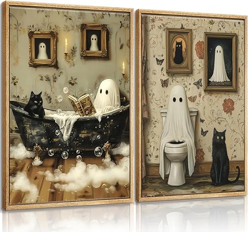2 piezas divertidas de fantasmas para baño, arte de pared de fantasma espeluznante en el inodoro, decoración de pared de espectro gótico y lindo