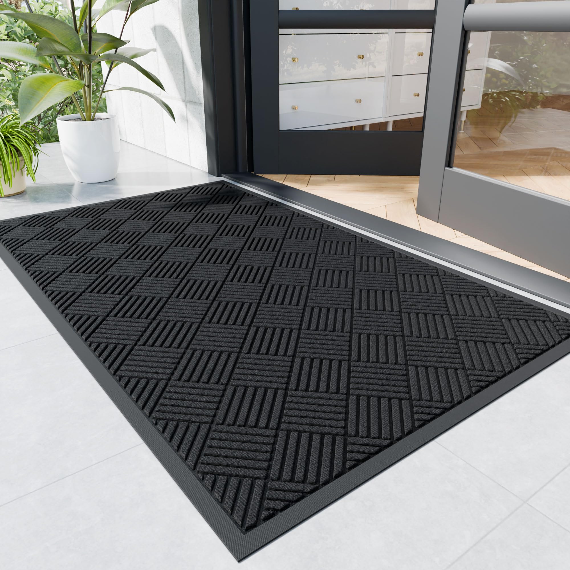 Durable Indoor Outdoor Door Mat, 4' x 6' Heavy Duty Front Door Mat for Entryway, Non-Slip Backing, Stain and Fade Resistant, Absorbent Commercial Floor Mat for High Traffic Area, Black