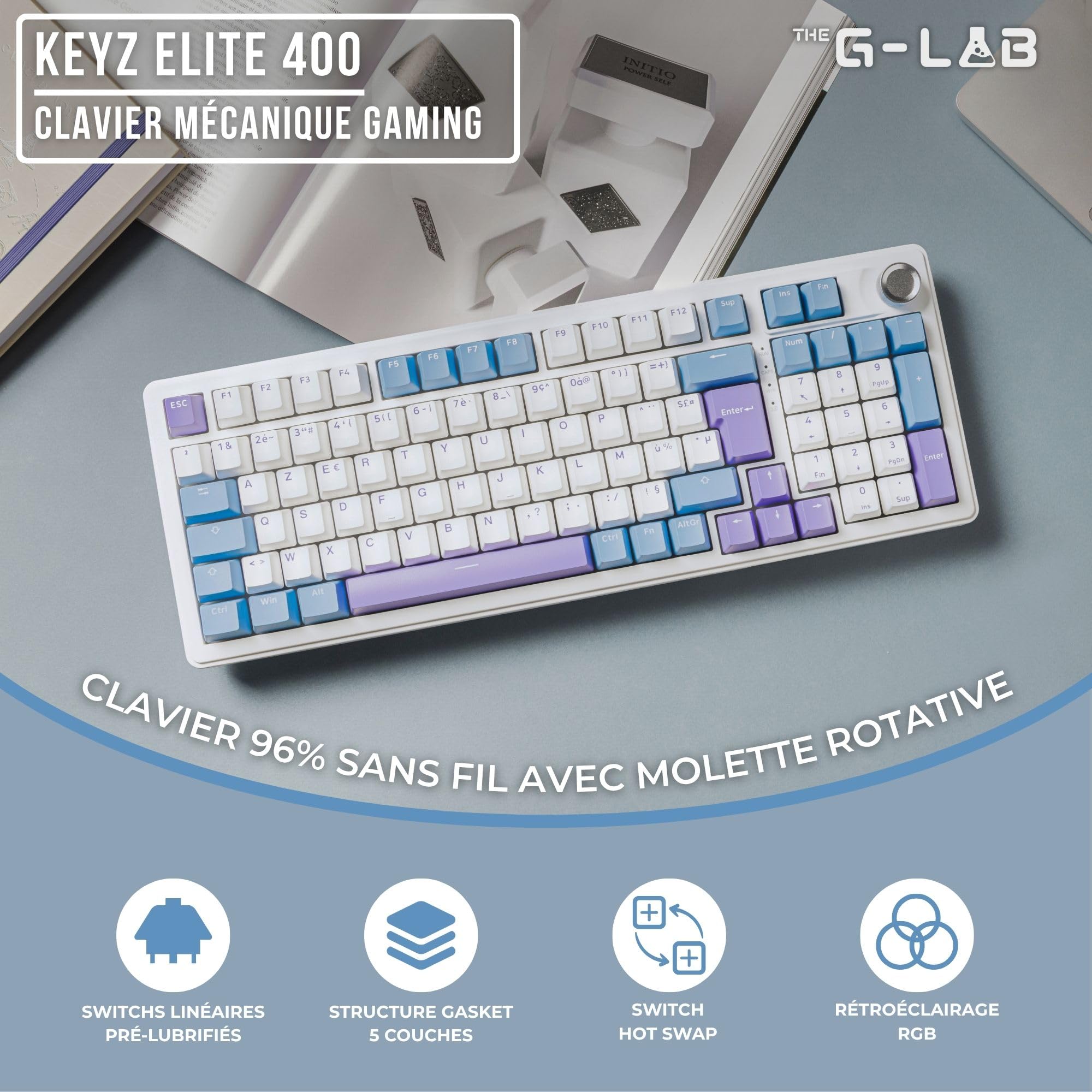 The G-Lab - KEYZ ELITE 400 WB - Bezprzewodowa Klawiatura Gamingowa - Układ AZERTY FR - Mechaniczna Klawiatura z Hot-Swappable Switches, 5-Layer Gasket, Tri-Mode 2.4G/BT/Kabel, RGB i Makra, Win/Mac