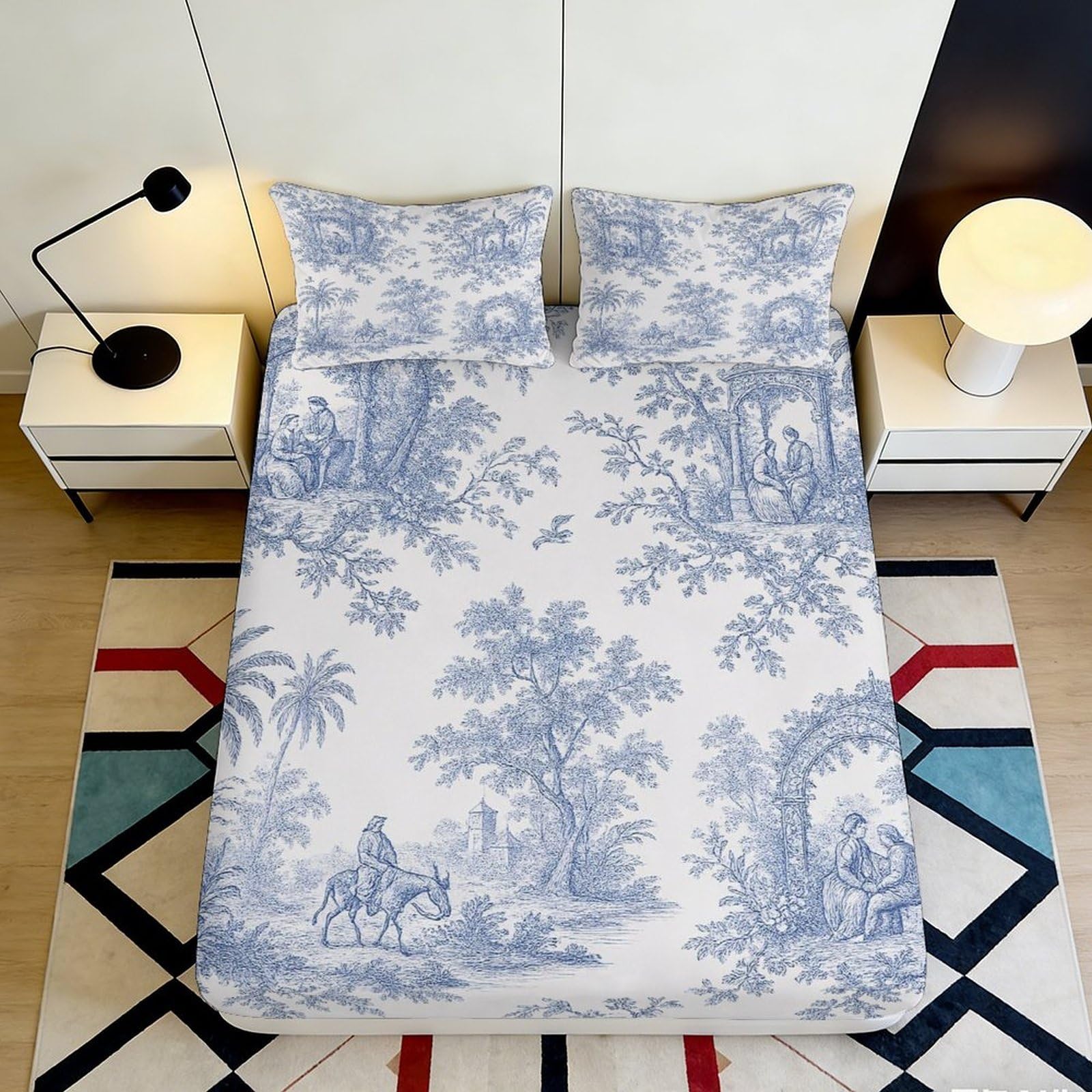 Zfldkwgb Style-8 3D Printed Pastoral Landscape Fitted Sheet Microfiber Soft Blue Toile Mattress Cover For Bedroom Guest Room Decor 90X200x25cm
