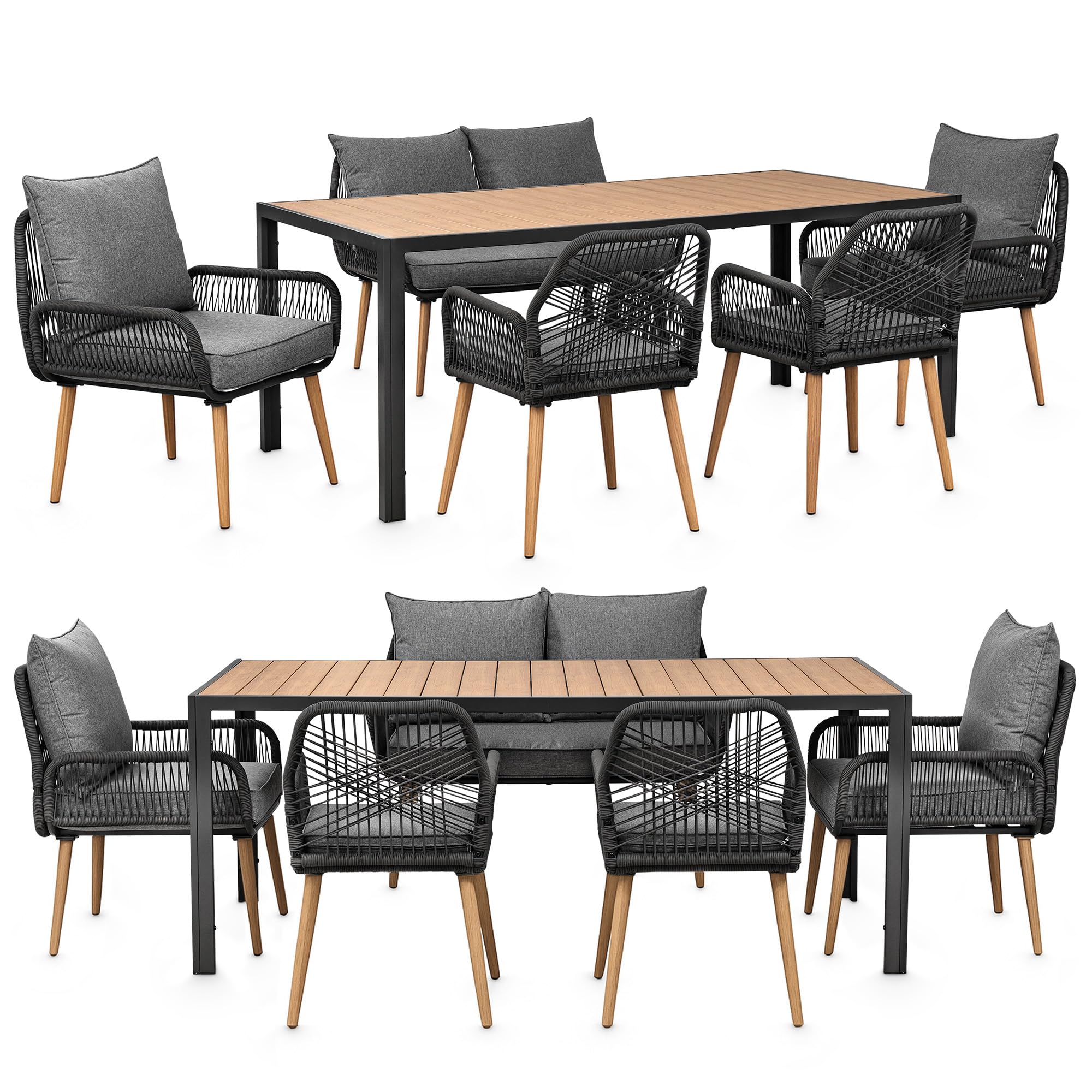 Swing&Harmonie® Gartenmöbel Lounge-Set „Sienna“ – Sitzgruppe mit Tisch, Sofa, Sesseln & Stühlen – wetterfest – Seilgeflecht – WPC-Tischplatte – Outdoor Essgruppe (anthrazit/Holz, 6 Personen XL)