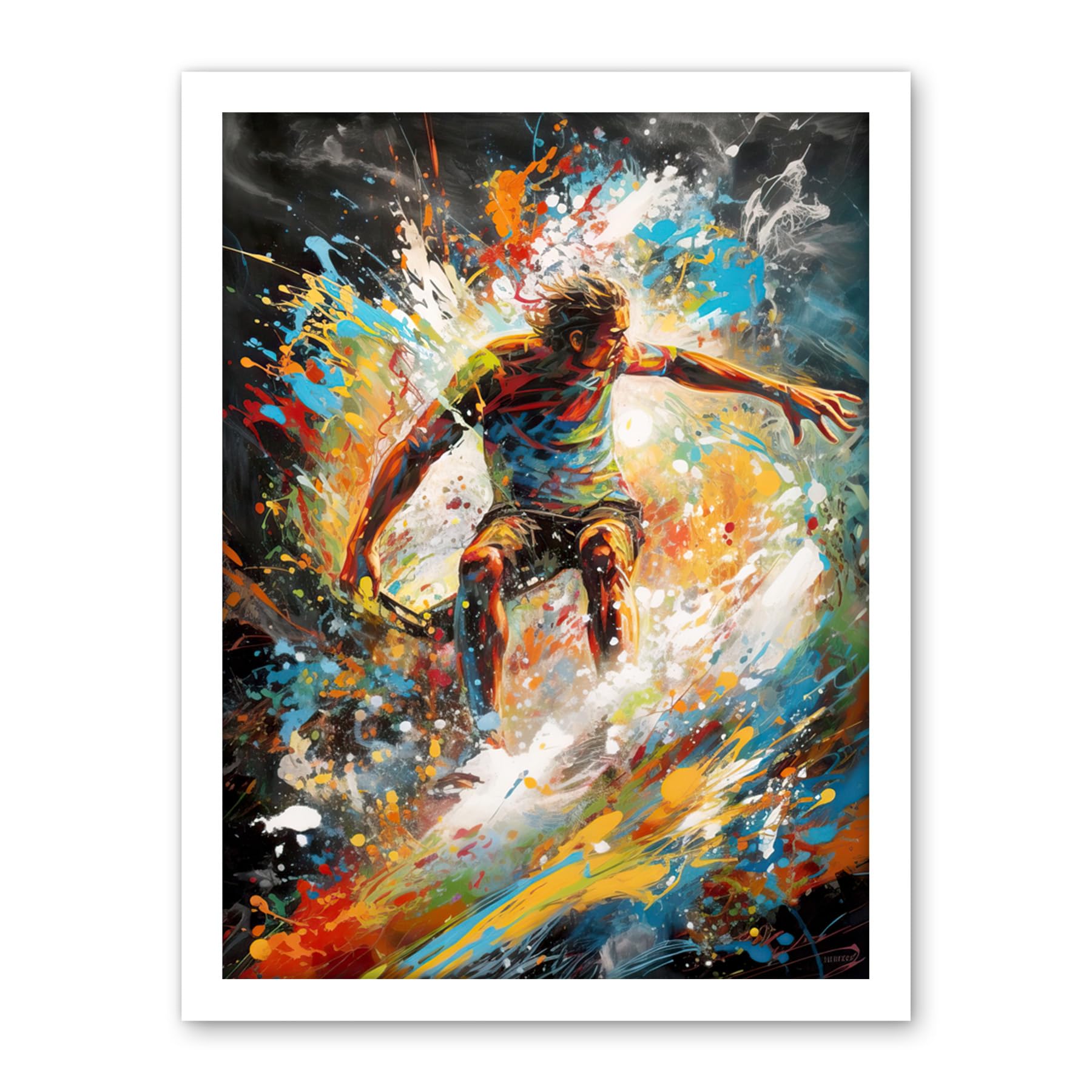 Artery8 Surfer Surfing on Crashing Waves Splatter Paint Artwork Framed Wall Art Print 18X24 Inch