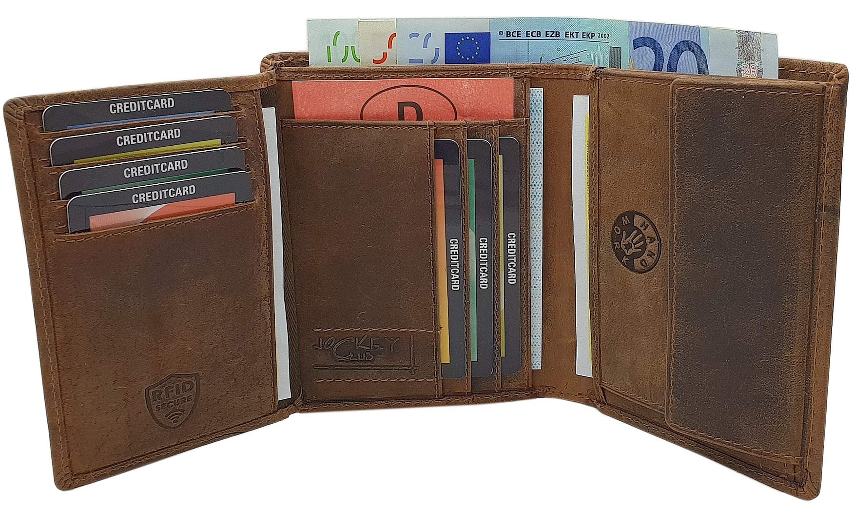 Cuero de búfalo Cartera con Cadena metálica con Calavera-Motivo en Formato Vertical o Formato oblongo con Bloqueo RFID y NFC en marrón