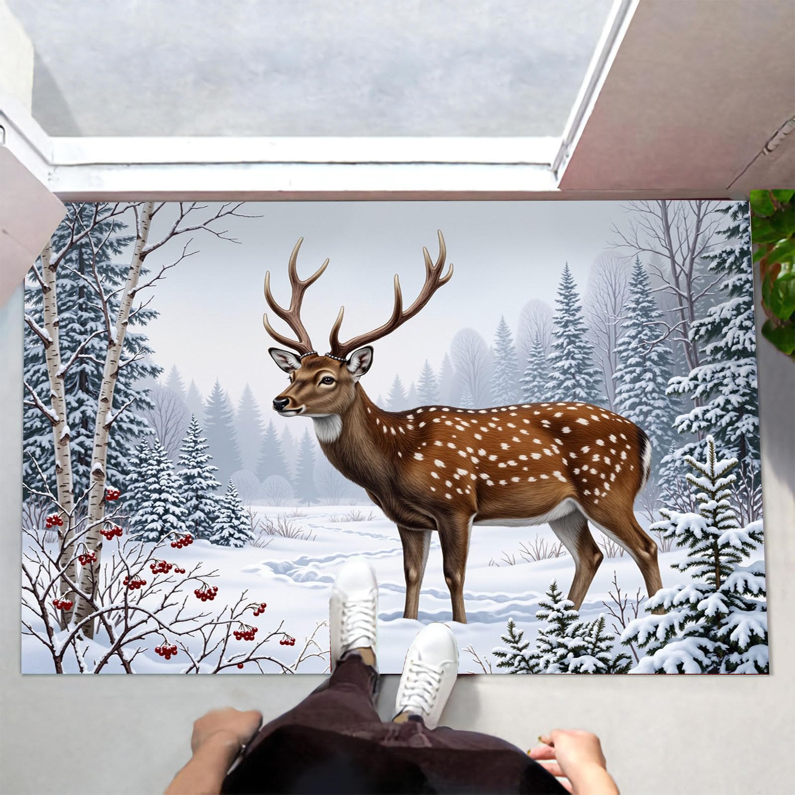 60X90Cm Zerbino Ingresso Interno Antiscivolo Assorbente, Tappeto Microfibra Sottile Lavabile Con Renna Delle Nevi Invernali Animali Della Foresta Nordica Per Cucina Bagno Porta Animali, Bianco