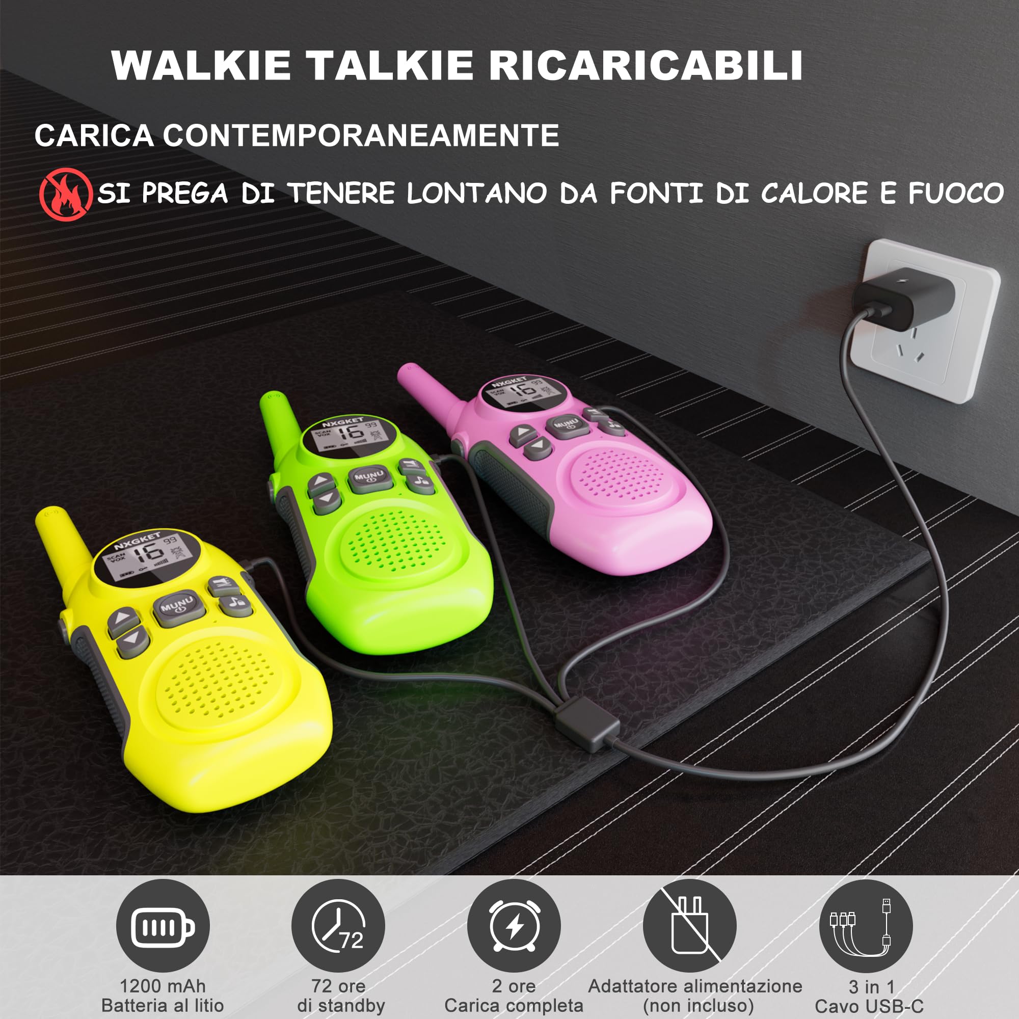 Walkie Talkie Professionali Ricaricabili per Bambini,NXGKET Radioline Woki Toki 16 Canali,Batteria Integrata,Con Torcia per Giochi all'aperto Campeggio Escursionismo,Regali per 3-12 Ragazze o Ragazzi