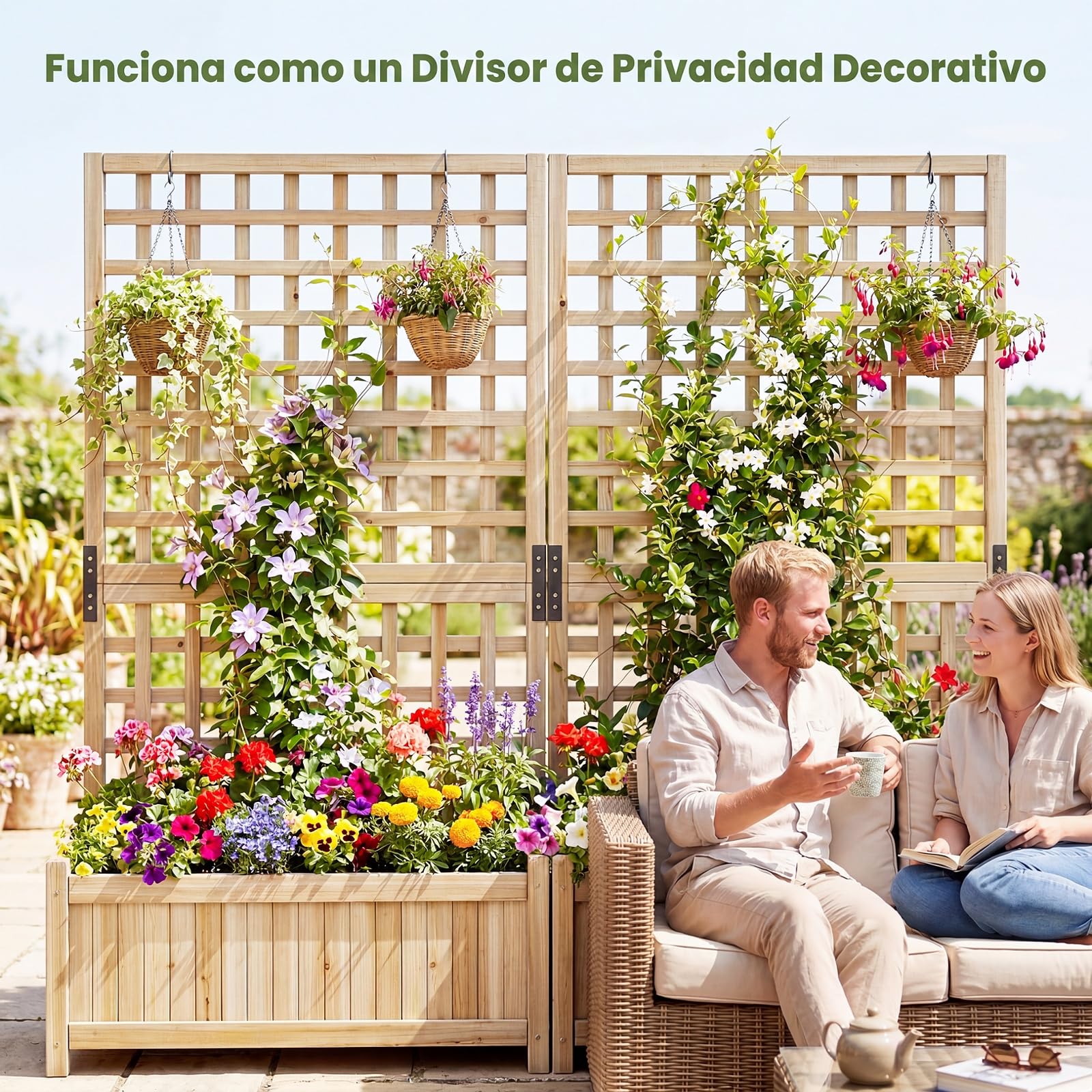 COSTWAY Jardinera Elevada con Enrejado, Macetero con Soporte para Trepadoras, Marco de de Madera de Abeto, Agujeros de Drenaje, Huerto Urbano Exterior Grande para Terraza Balcón Patio (Natural)
