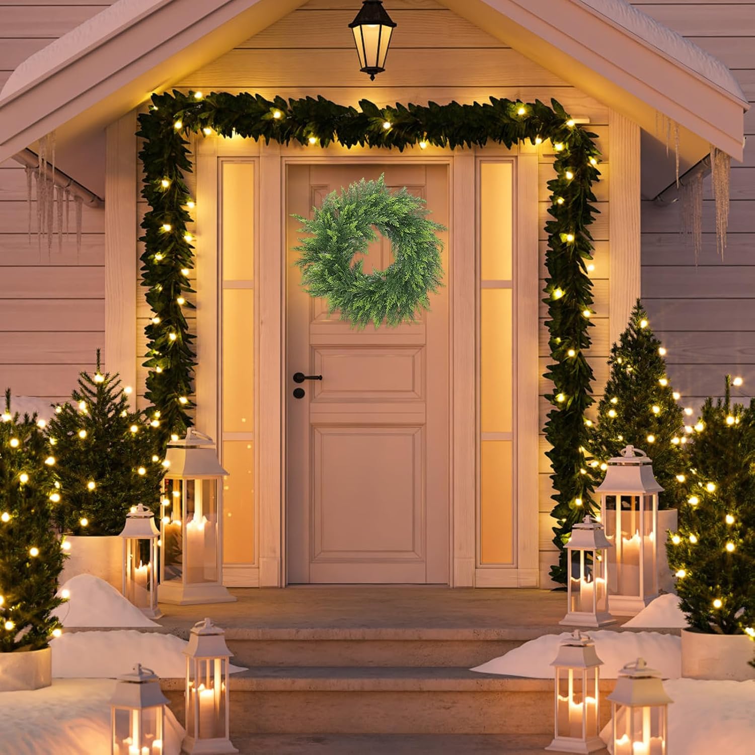 22 Inch Green Faux Norfolk Cedar Christmas Wreaths for Front Door,Real Touch Artificial Winter Wreath Green Pine Wreath for Indoor Outdoor Wall Porch Festival Farmhouse Home Holiday Decor. - Image 5