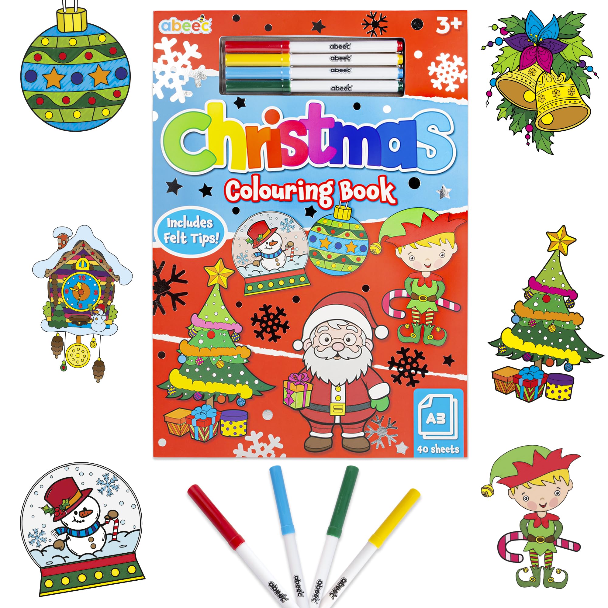 abeec Christmas Colouring Book for Children with Felt Tip Pens, A3 Colouring Book for Colouring and Painting, Xmas Gift Stocking Filler for Boys and Girls, Party Bag Filler