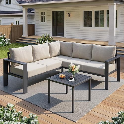 UDPATIO 6 Piece Patio Furniture Set, Metal Outdoor Sectional Sofa with 6" Thick Olefin Cushions, Wide Armrest & Coffee Table, L Shaped Outdoor Furniture for Garden, Backyard Beige