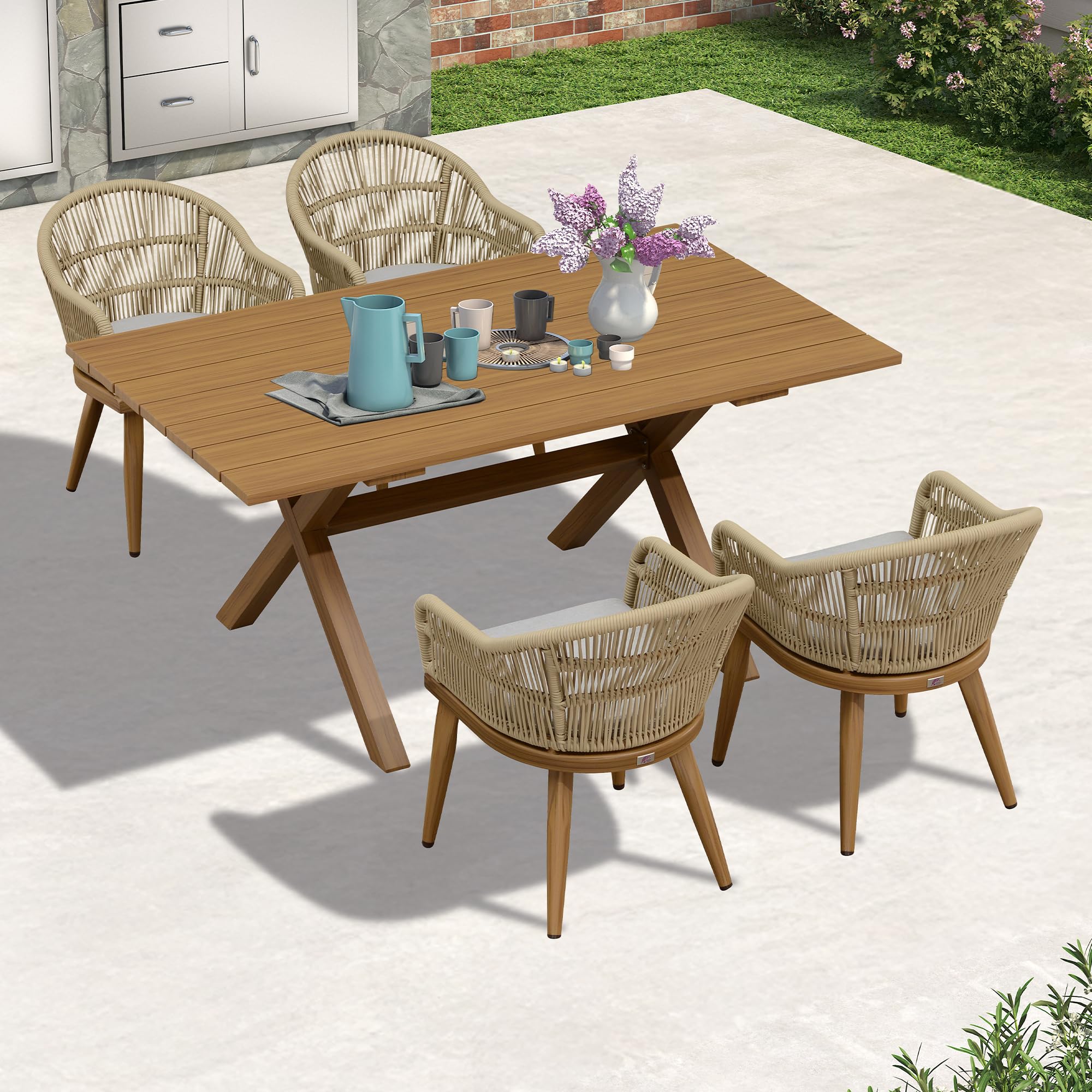 PURPLE LEAF 5 Pieces Patio Dining Set with Cushion Wicker Chairs, Teak