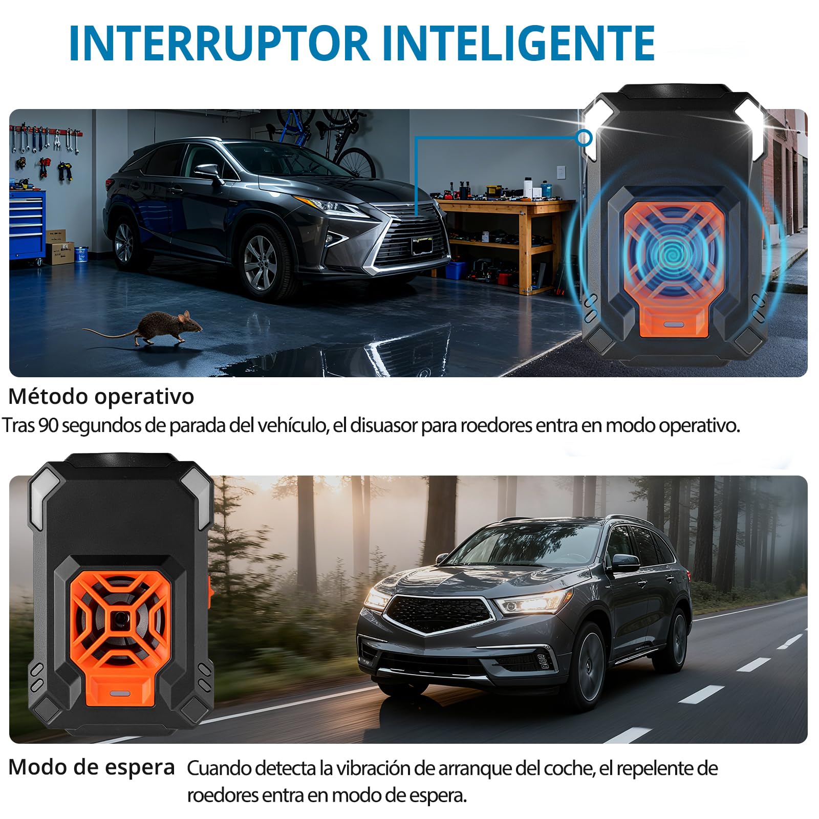 AUTOUTLET Repelente de Ratas Ultrasonico Coche 20-50 kHz Ultrasónico Repelente de Martas con Luz LED Intermitente, Alimentar con Baterías AAA, Batería de Coche o USB Función Start-Stop