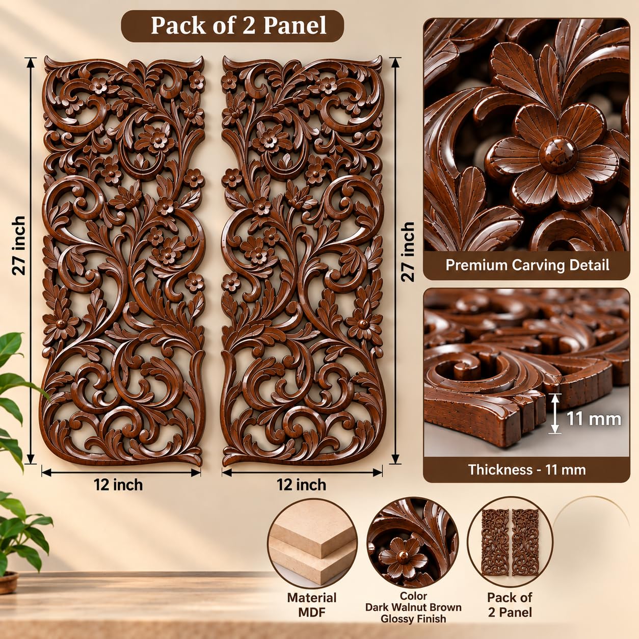 Floral MDF Wall Panel - Walnut Design -5