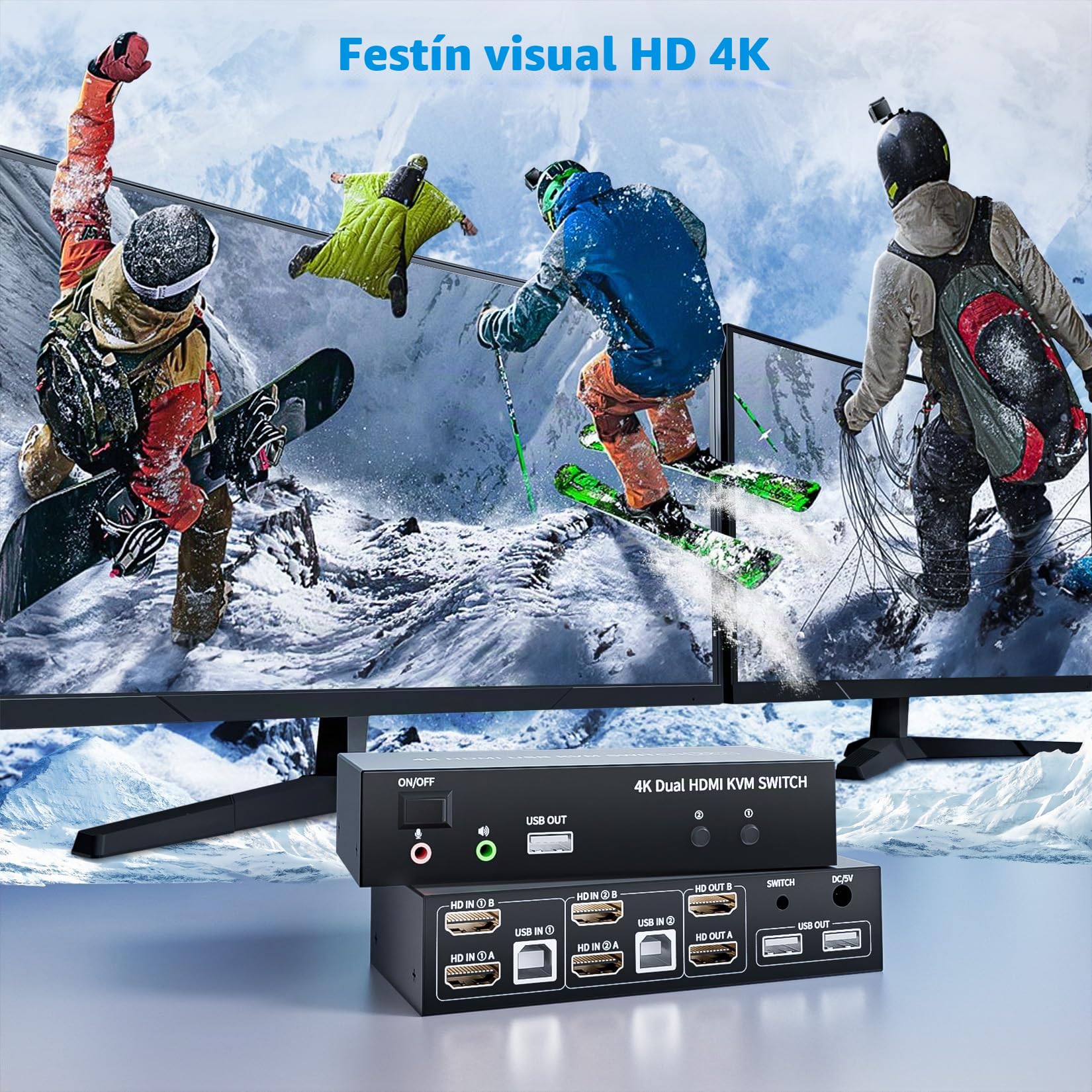 Bolaazul KVM Switch 2x2 HDMI USB 2.0 - 2 Puertos 4K @ 60Hz, Conmutador Para 2 PC y 2 Monitores, Teclado y Ratón