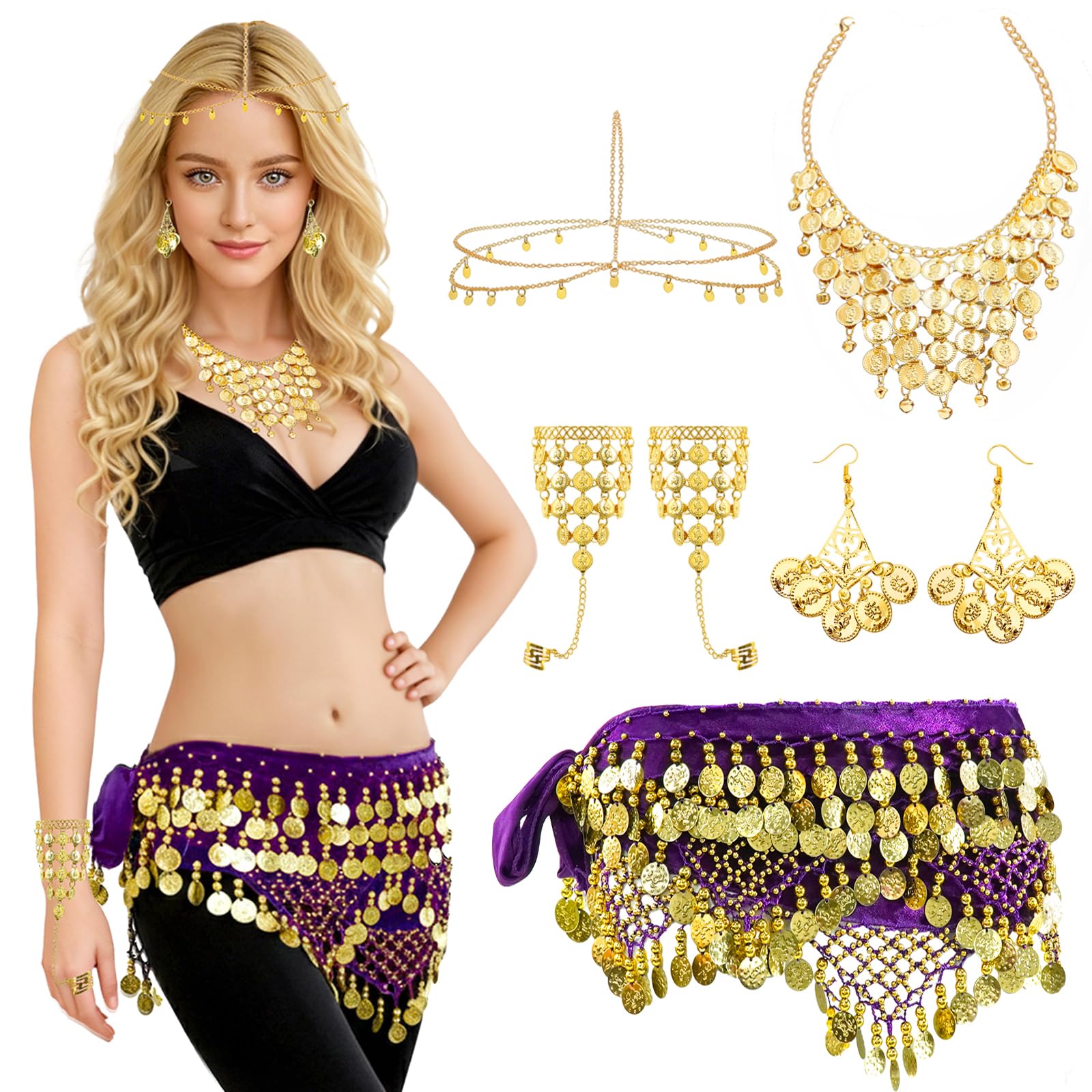 Baisdan 7 Pcs Belly Dance Jewelry Set, Belly Dance Hip Scarf with Gold Coins, Head Chain, Necklace, Earrings, Bracelets Accessories for Halloween Carnival Cosplay โ image 1