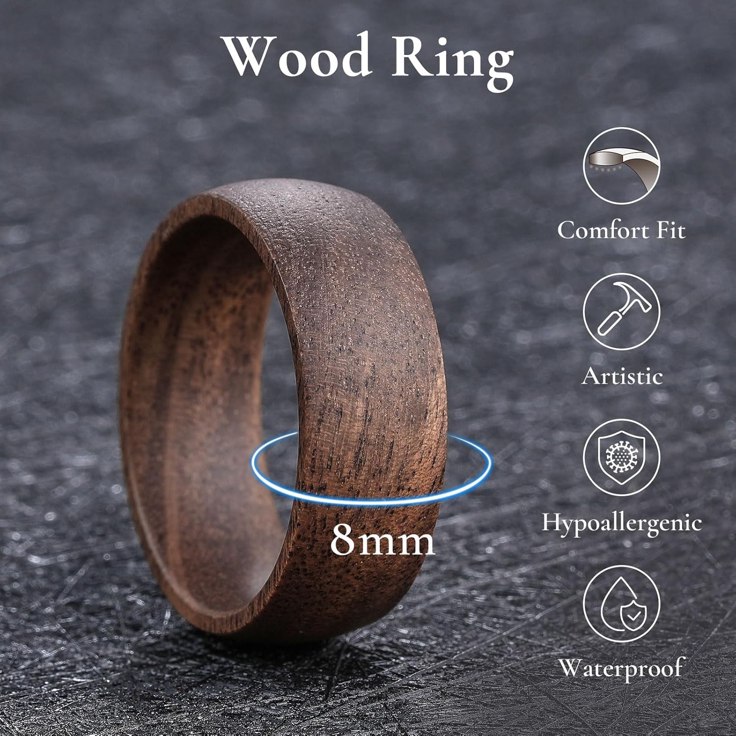 King Will Wooden Wedding Band for Men Women- 4-12mm Width in Black/Brown Wood Wedding Ring Domed Style, Comfort Fit and Promise Ring Size 8-13