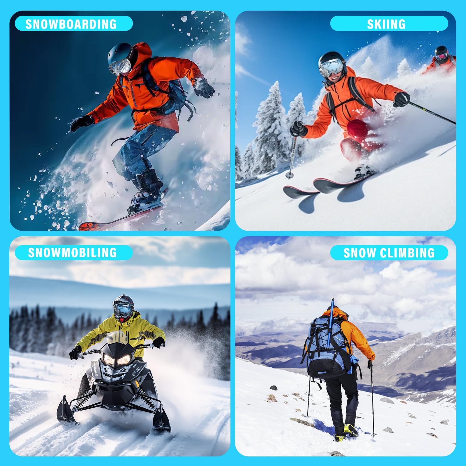 Srebrne gogle narciarskie z torbą do przechowywania i etui, gogle snowboardowe dla mężczyzn, kobiet, młodzieży, 100% ochrona przed promieniowaniem UV, przeciwmgielne
